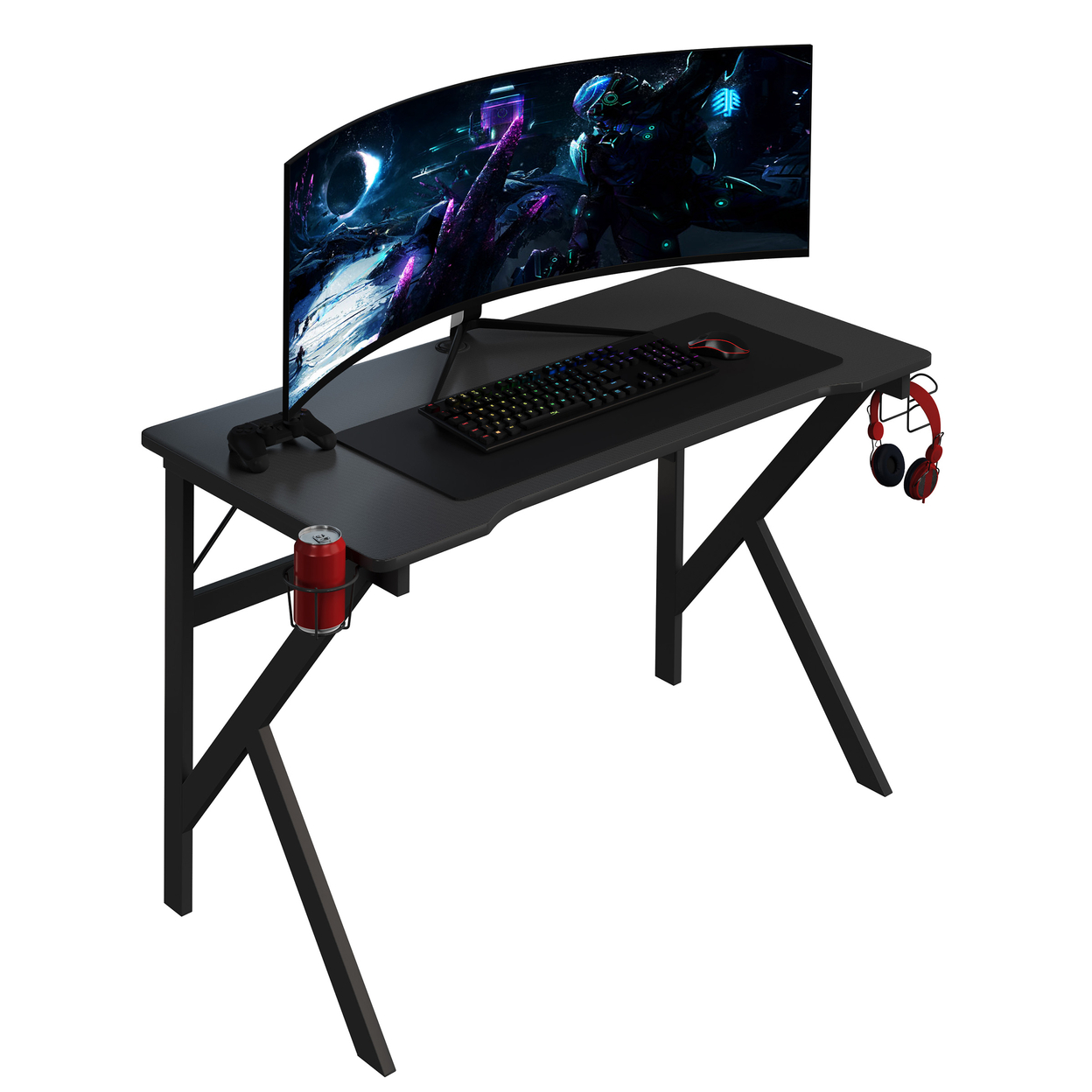 Computer Desk With Cup Holder, Headphones Hanger, K Legs, Cable Mgmt, Black