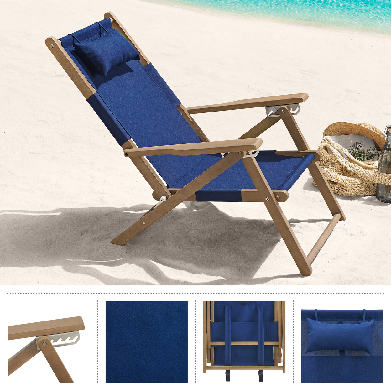 Beach Chair Wood Folding Chair 4-Position Reclining Seat Beach Essentials, Blue