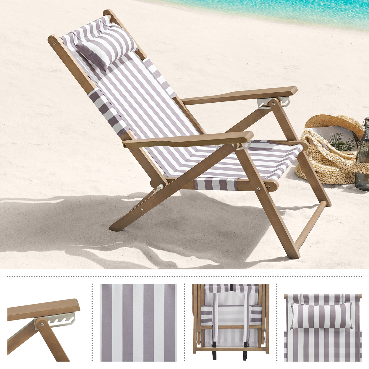 Beach Chair Wood Folding Chair 4-Position Reclining Seat Beach Essentials Taupe