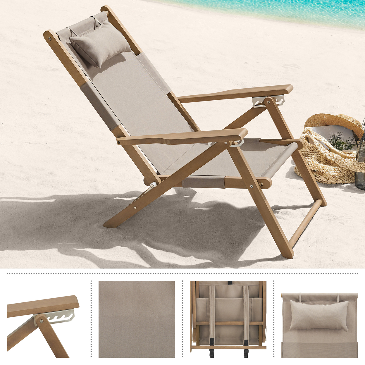 Wood Beach Chair Folding Backpack Straps, 4-Position Recline Beach Essentials