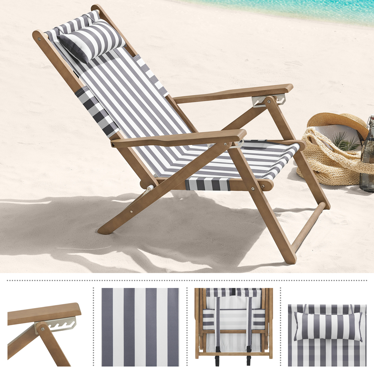 Beach Chair Wood Folding Chair 4-Position Reclining Seat Beach Essentials, Gray