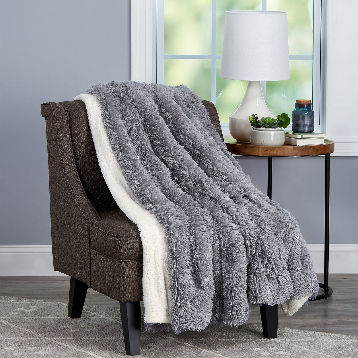 Faux Fur XL Throw Blanket Gray Soft Faux Rabbit Fur Blanket With Sherpa Back