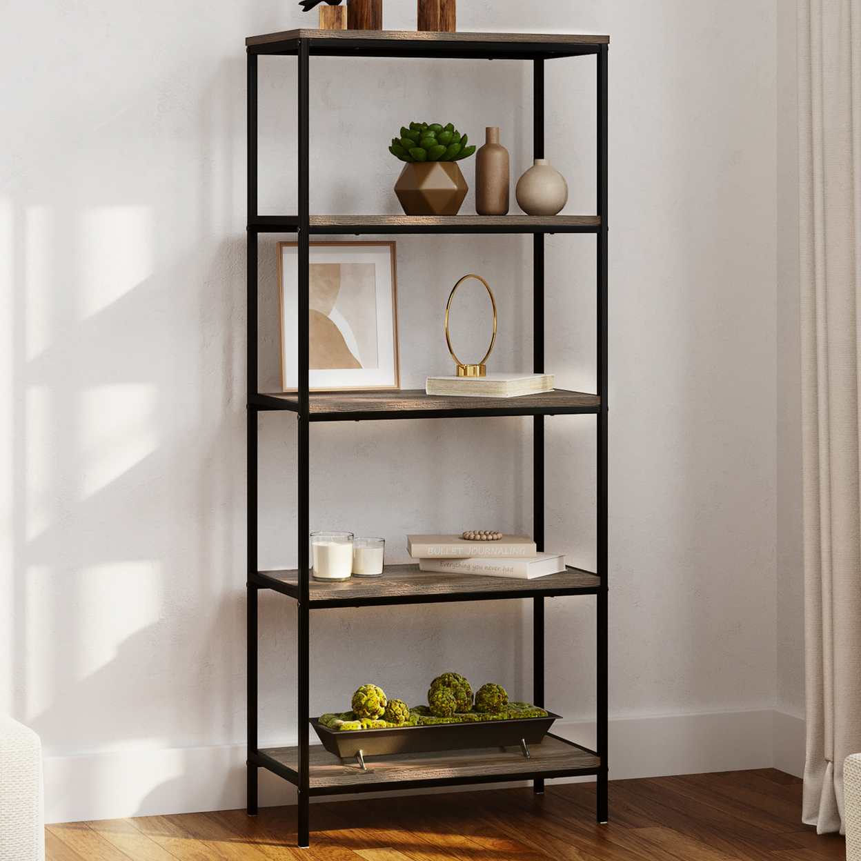 5-Tier Bookshelf Wooden Shelving Unit For Storage And Display, Gray Woodgrain