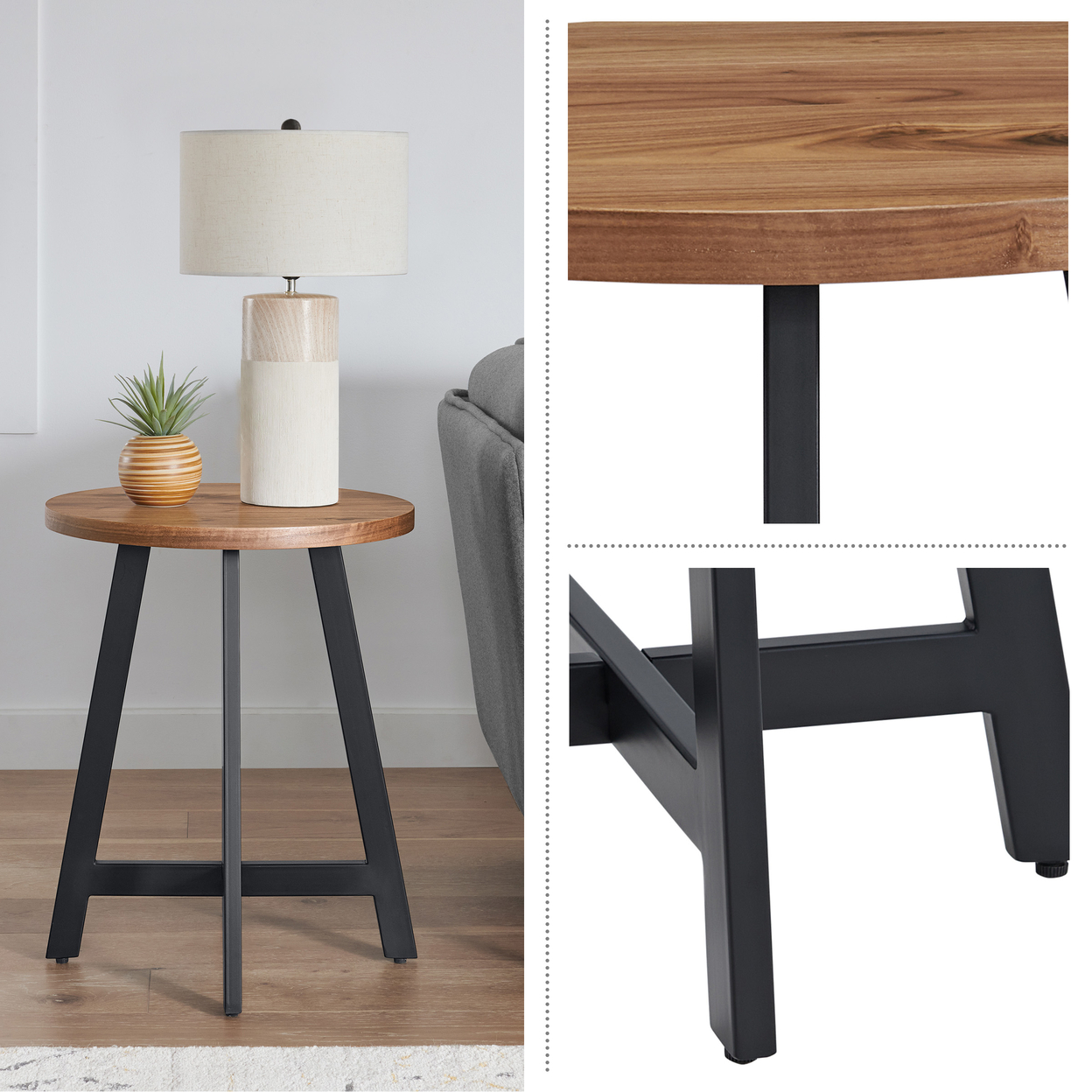 End Table Industrial Side Table MDF Top Metal Frame Round Table, Walnut