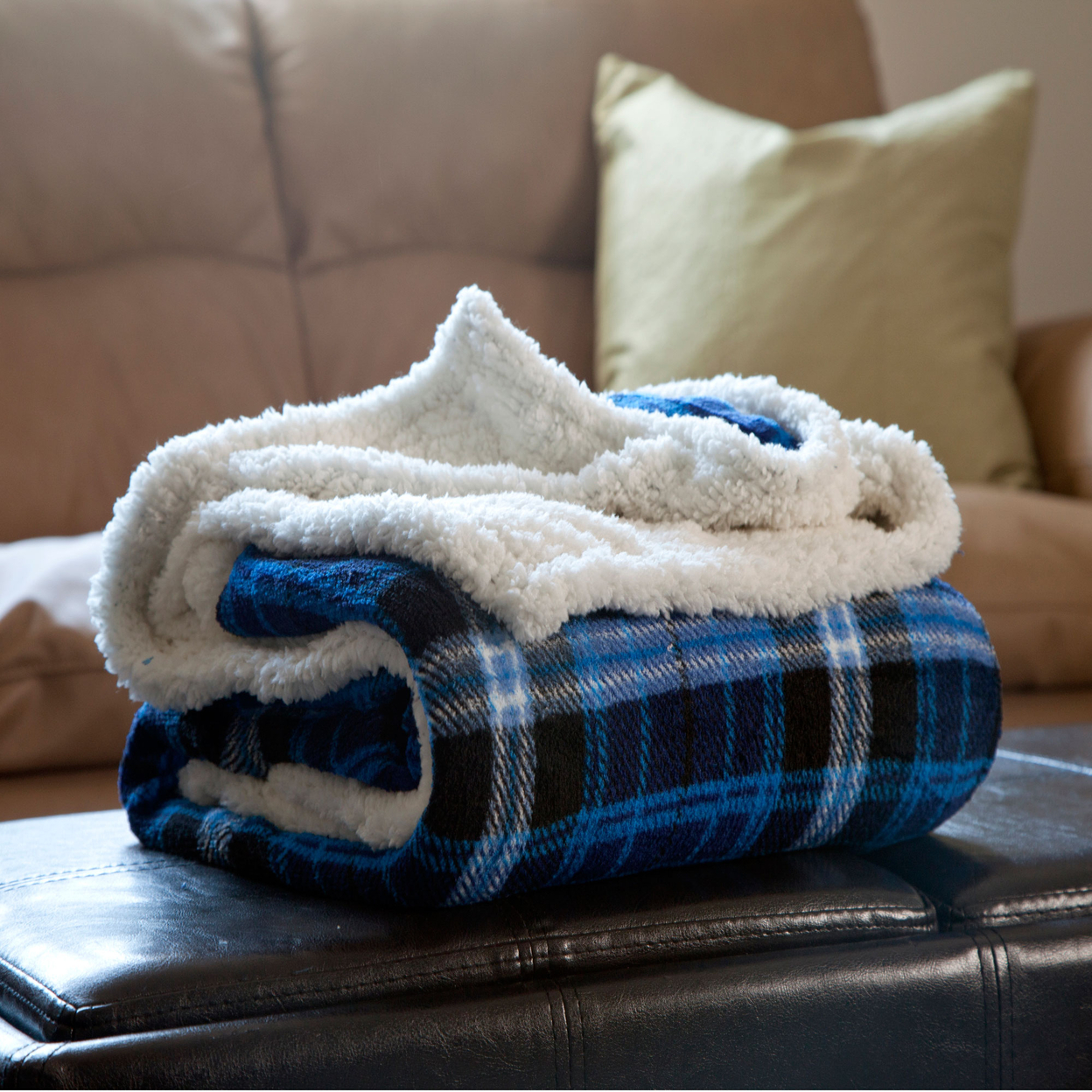 Lavish Home Fleece Sherpa Blanket Throw - Blue Plaid 50 X 60 Inches