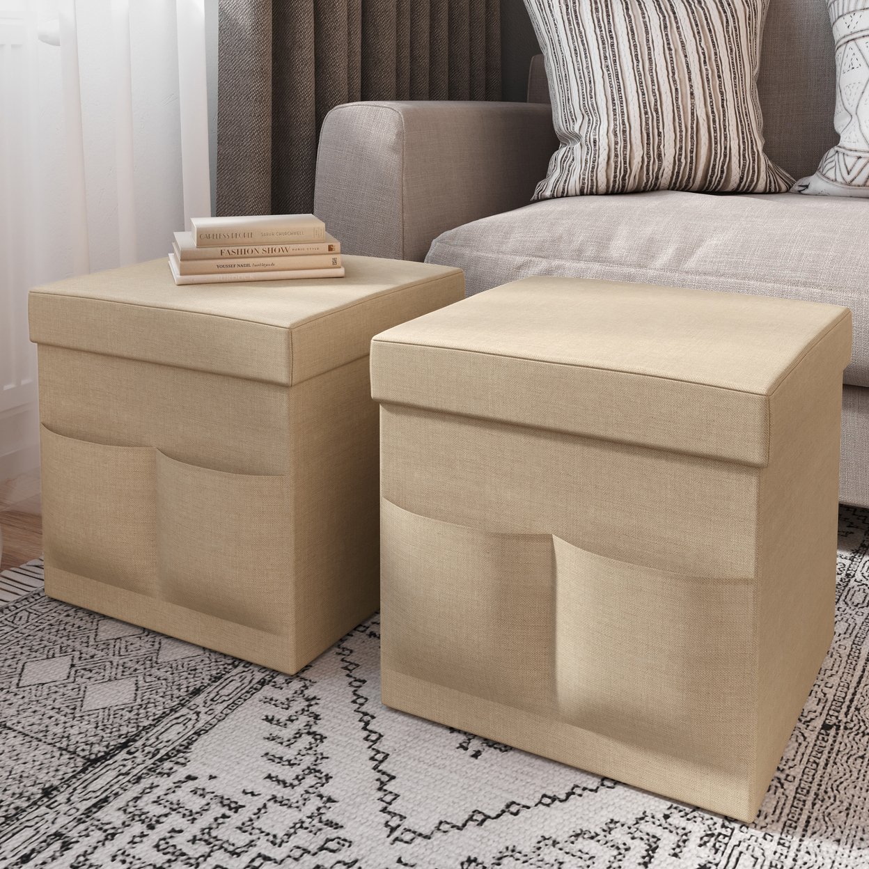 Foldable Storage Cube Ottomans With Pockets Livingroom Dorm Multipurpose