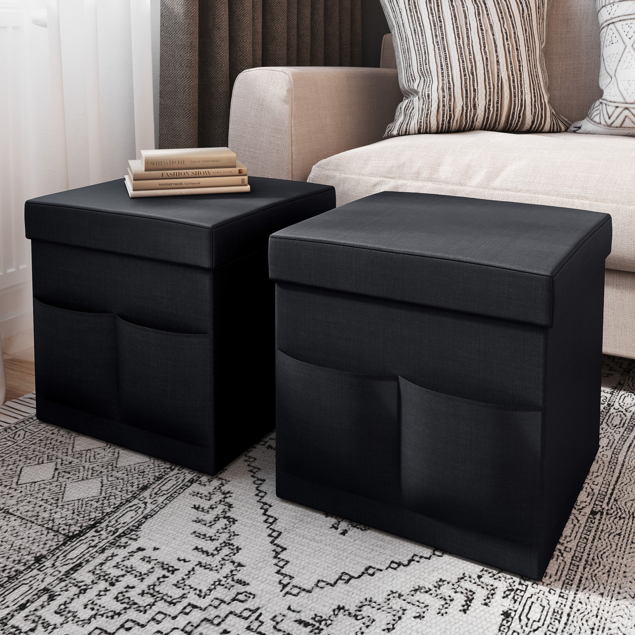 Black Foldable Storage Cube Ottomans With Pockets Livingroom Dorm