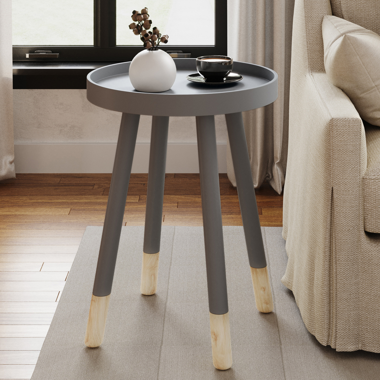 Round End Table Wooden Mid-Century Modern Side Table Living Room Furniture Gray