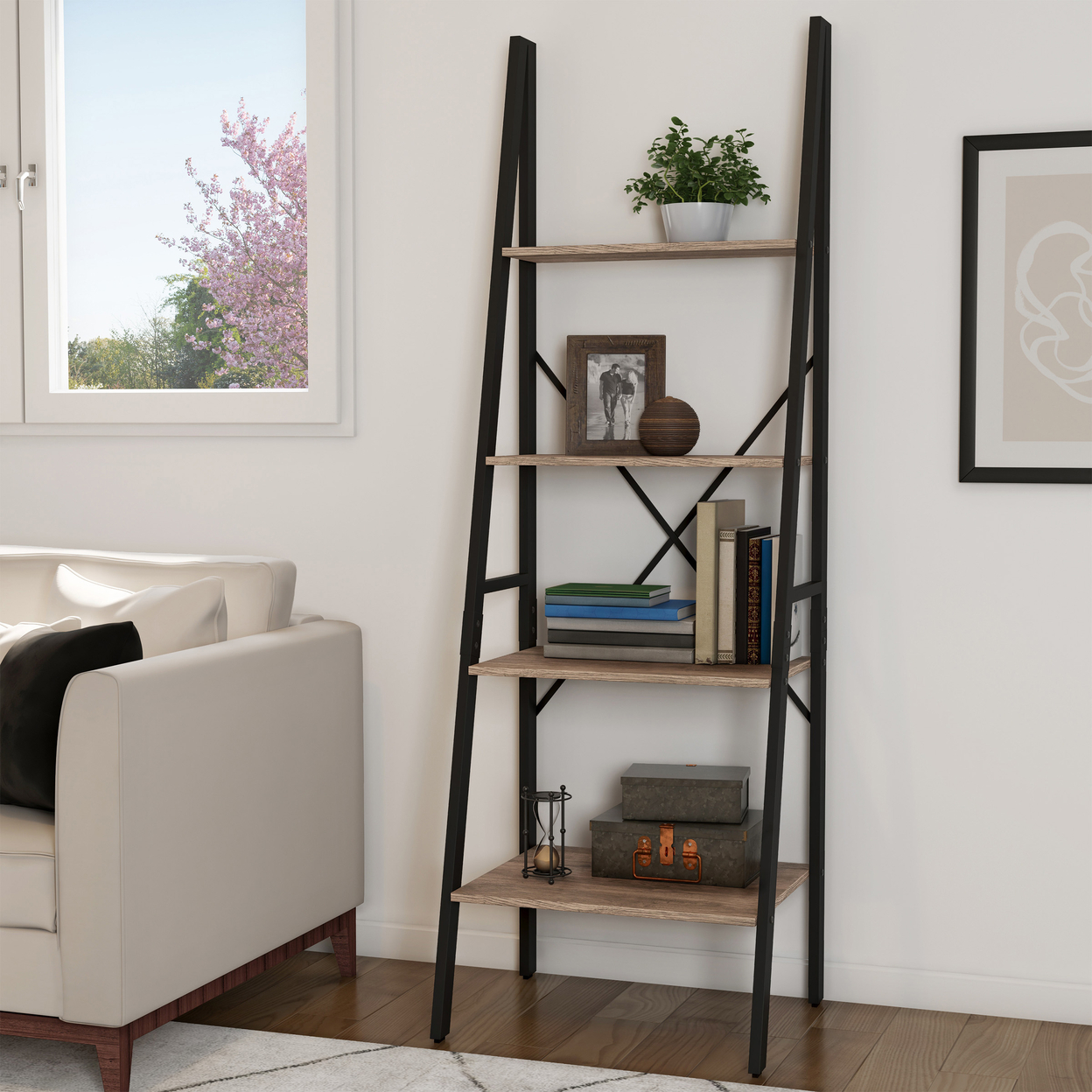 Ladder 4 Tier Leaning Decorative Shelves For Display Black Gray Shelf Stand