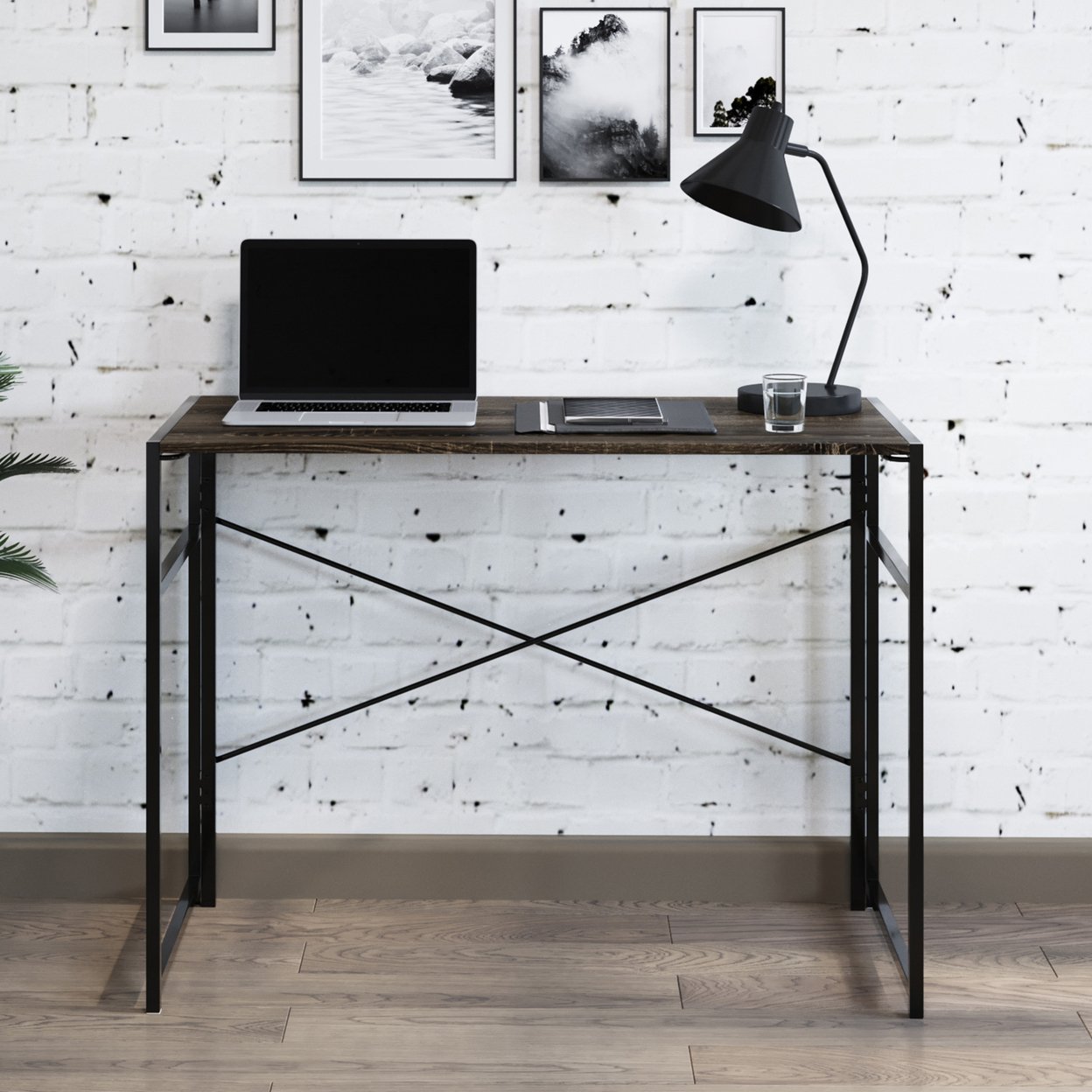 Folding Computer Desk Modern Desk Style Wood Steel For Home Office, Gray-Brown