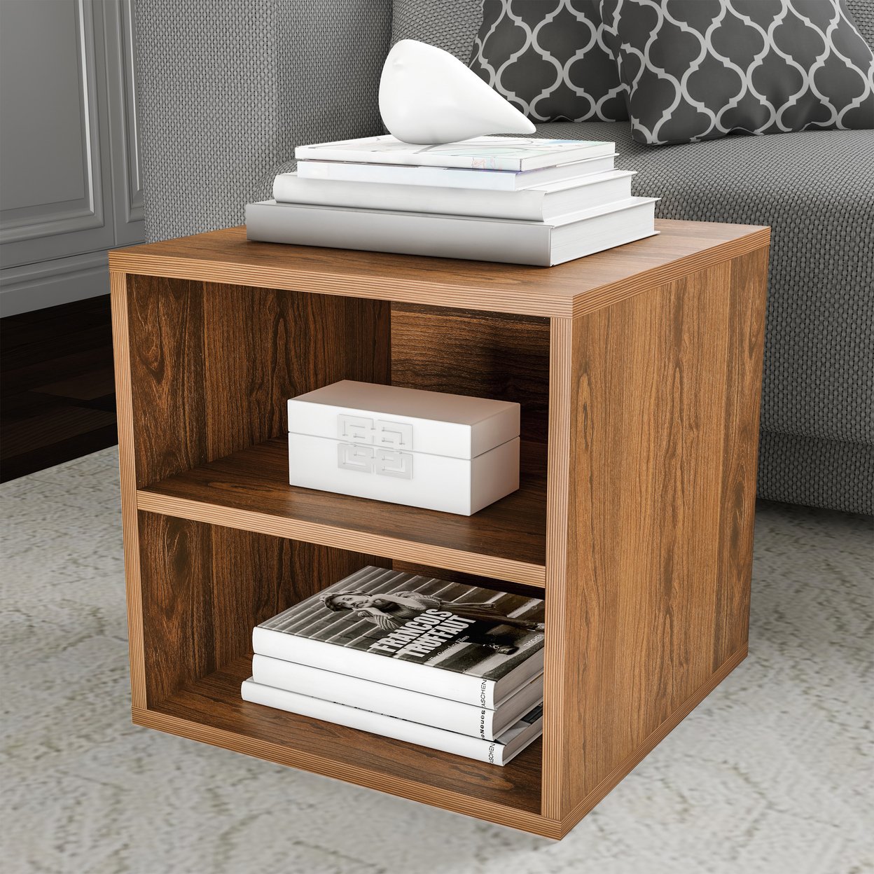 Brown End Table Cube Accent Table 16 Inches With Shelf Bedroom Livingroom
