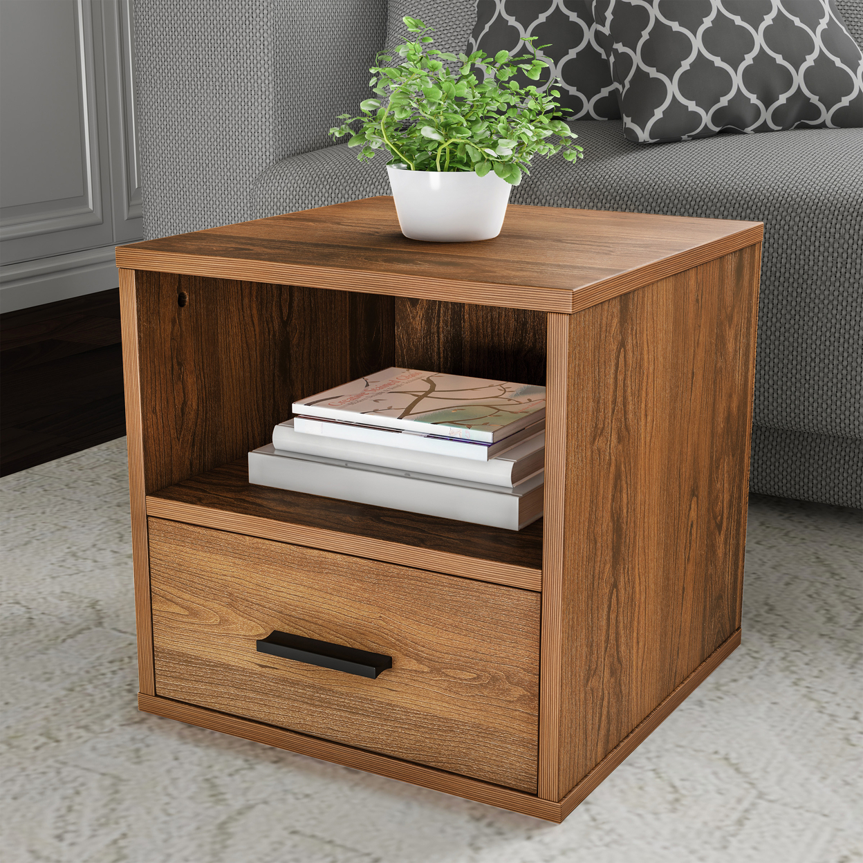 Brown End Table Cube Accent Table 16 Inches With Drawer Bedroom Livingroom