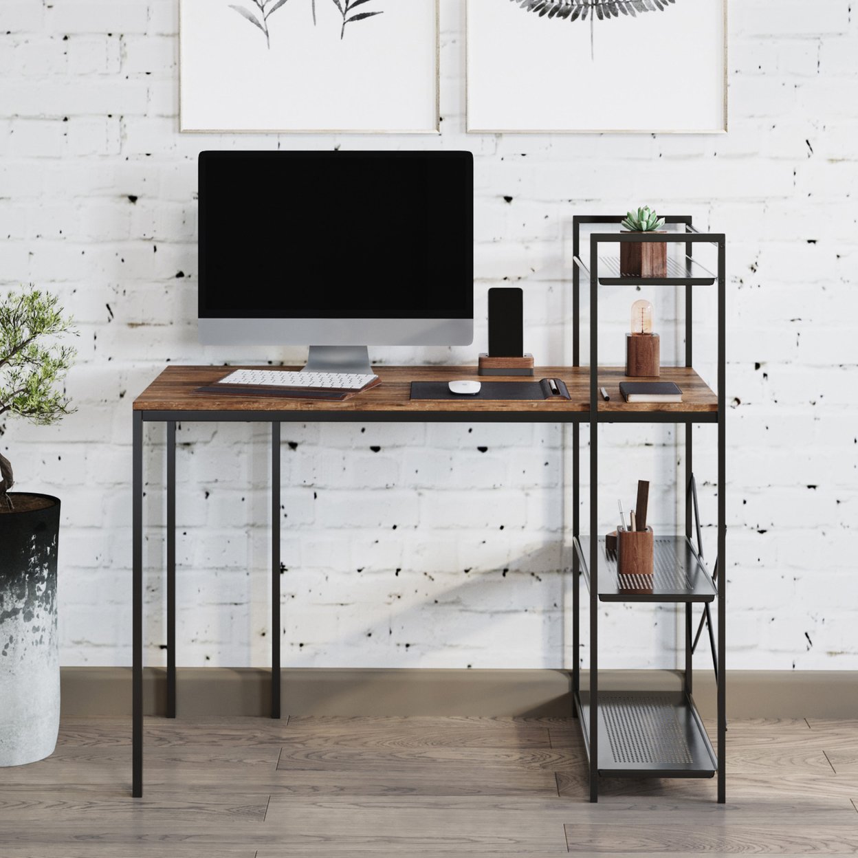 All-in-One Computer Desk With Shelves Modern Style Wood Steel For Home Office