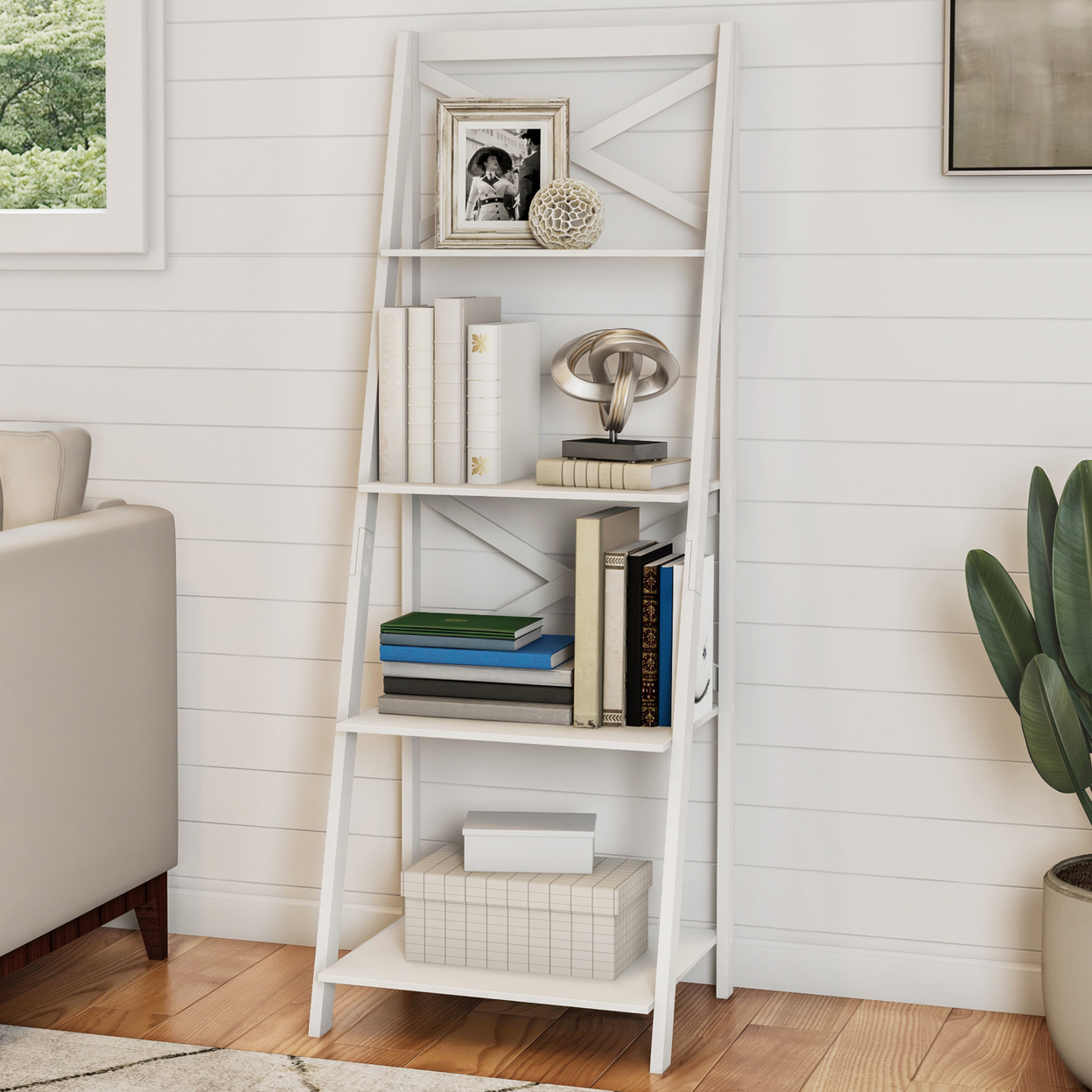 White 4 Shelf Ladder Bookshelf - Free Standing Tiered Bookcase