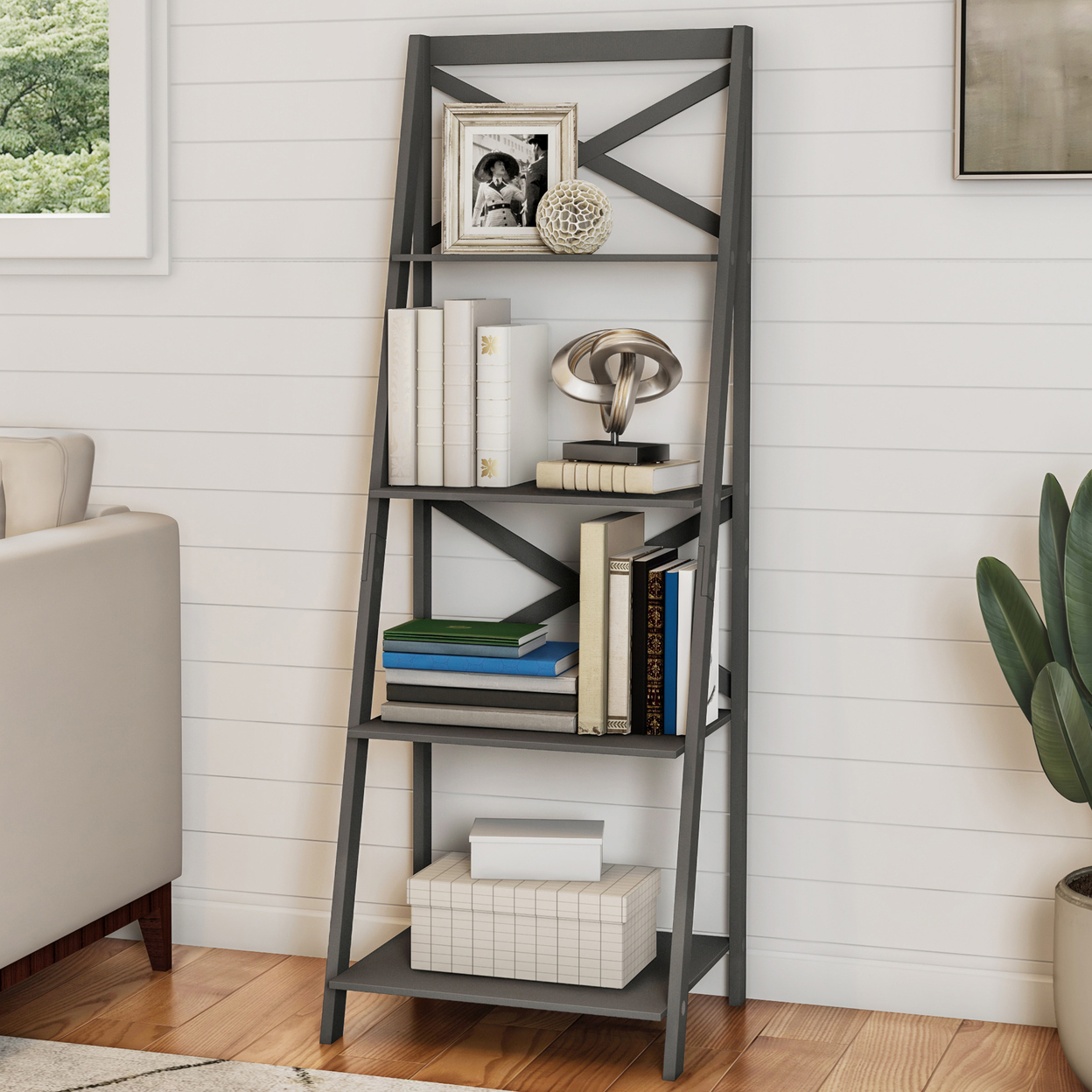 Bookcase Home Decor Display 4 Shelf Wooden Ladder Style 56 In Tall Gray
