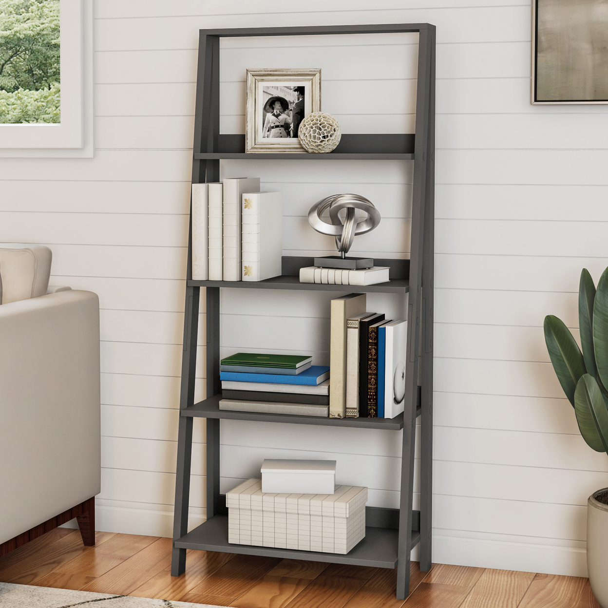 4 Tier Ladder Bookshelf Free Standing Wooden Gray Bookcase