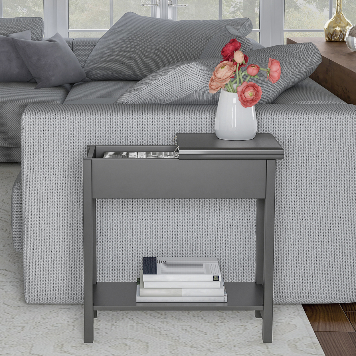 Flip Top Gray End Table Slim Side Console Hinged Storage Compartment Hallway