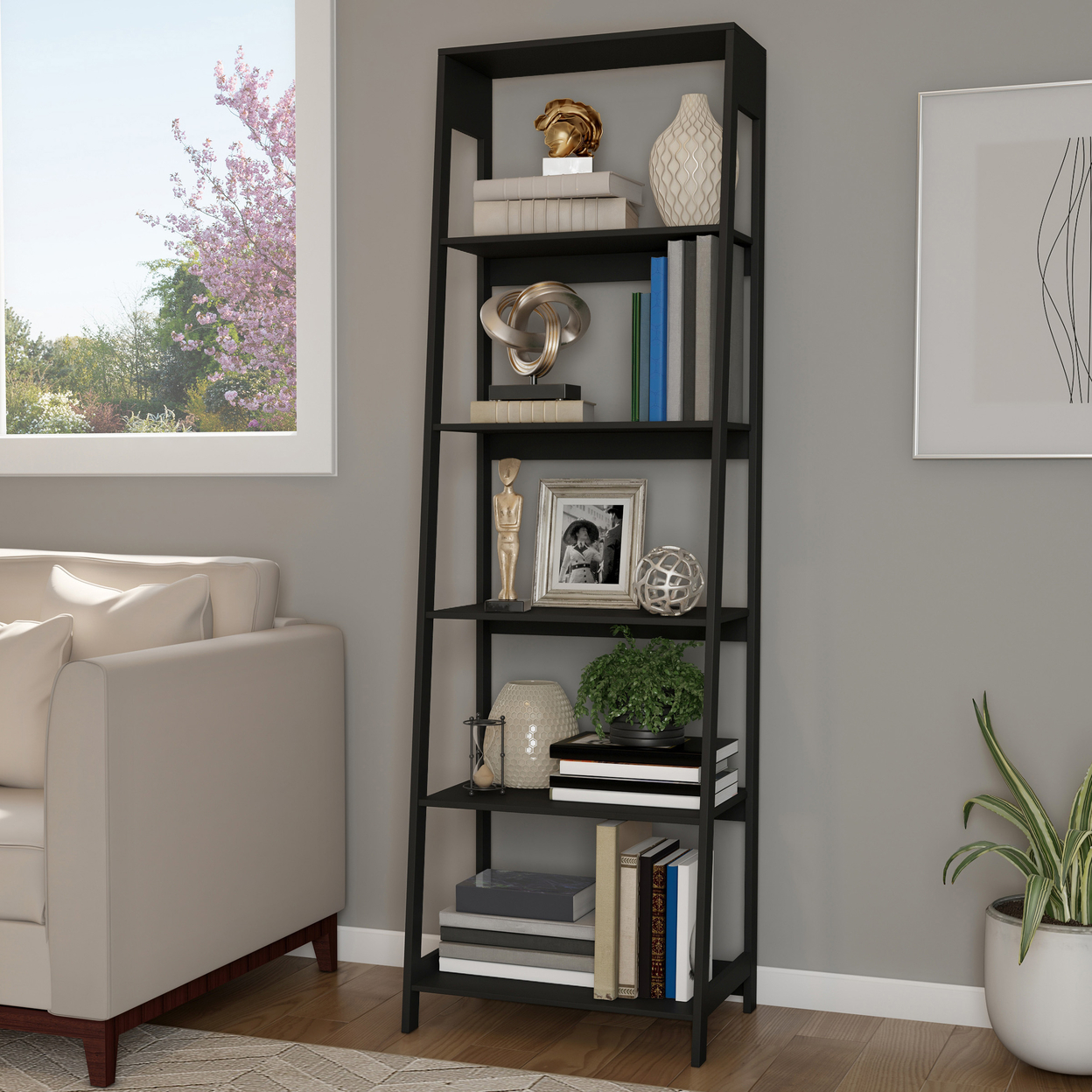 5-Tier Ladder Bookshelf - Freestanding Wooden Bookcase Decorative Shelves - Black
