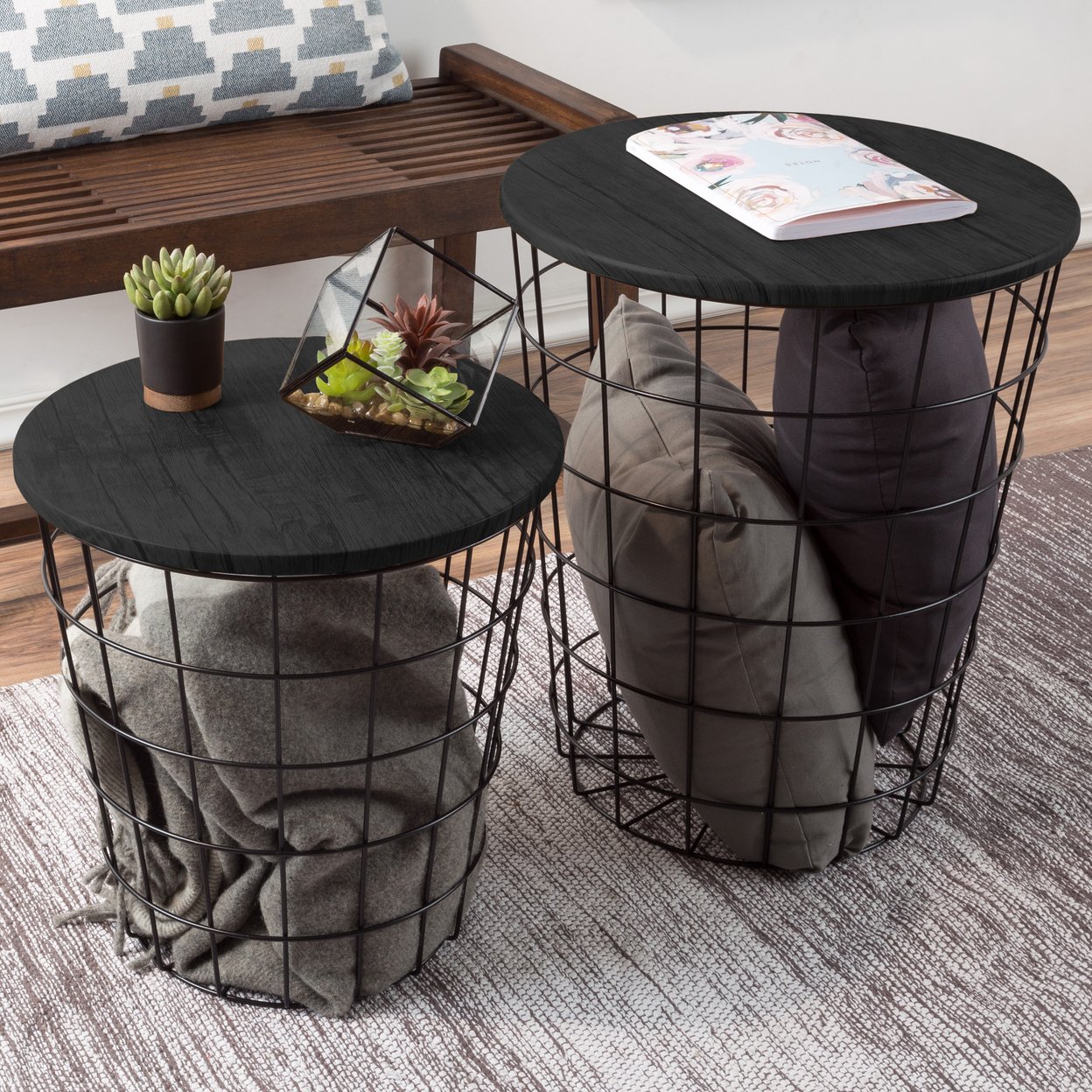 Nesting End Tables Metal Basket MDF Black Top Storage Furniture Accent Decor