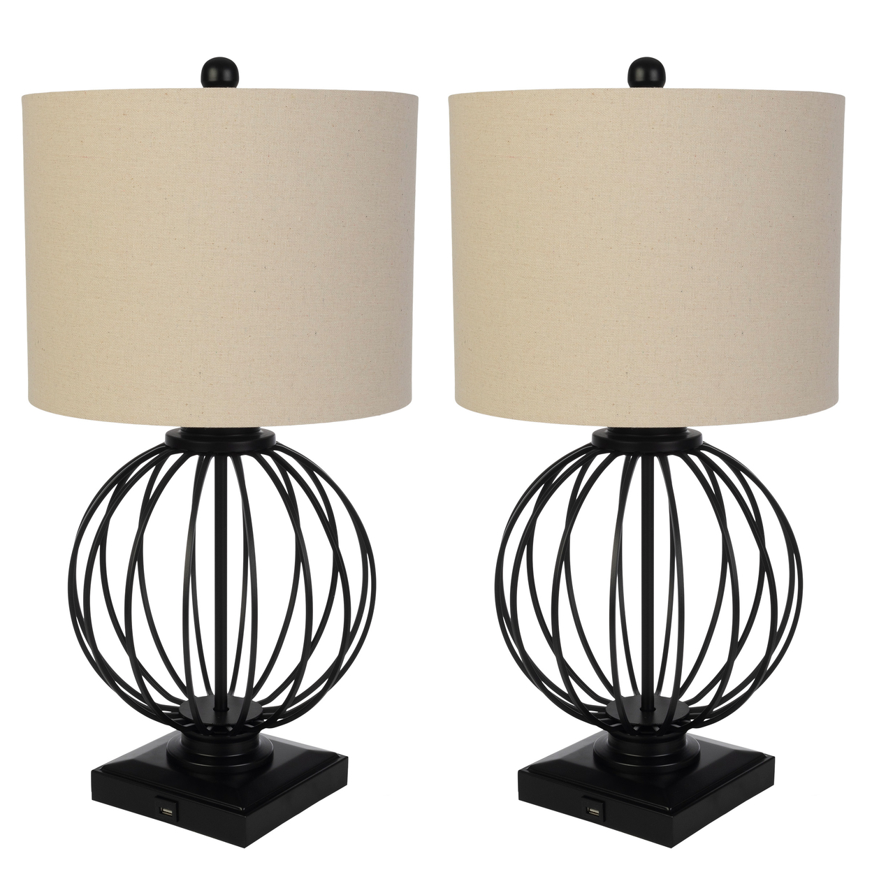 Set Of 2 Table Lamps Modern Lamps USB Charging Ports LED Bulbs Room Matte Black