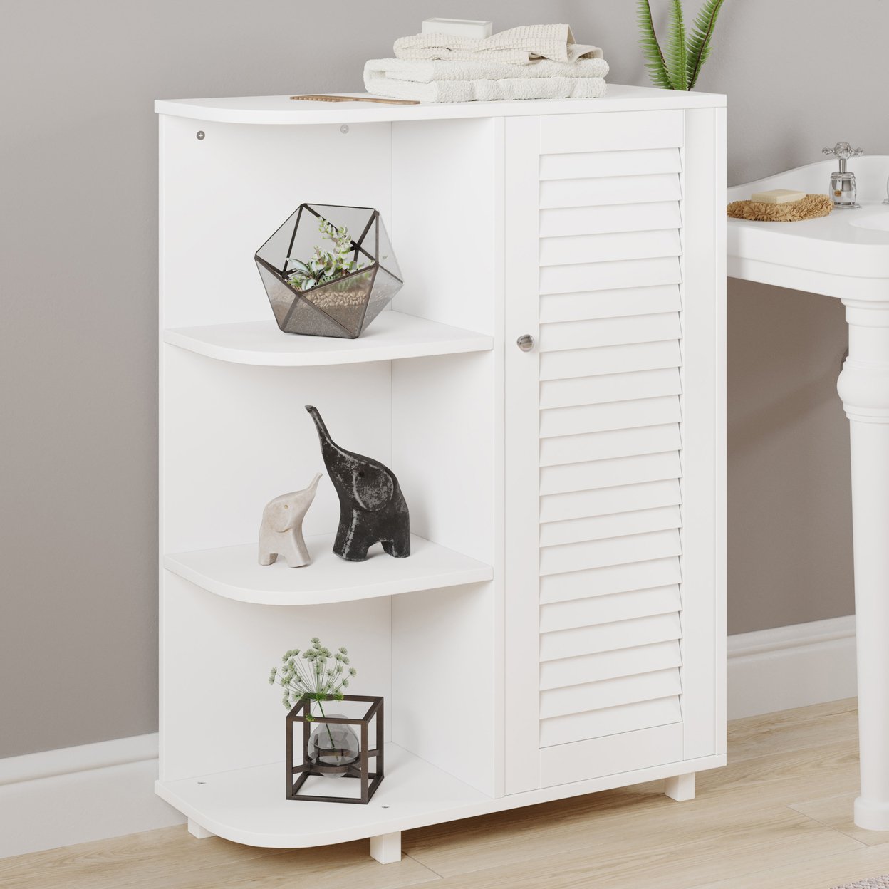 Floor Cabinet With Curved Shelves Kitchen Or Bathroom Storage Cabinet, White