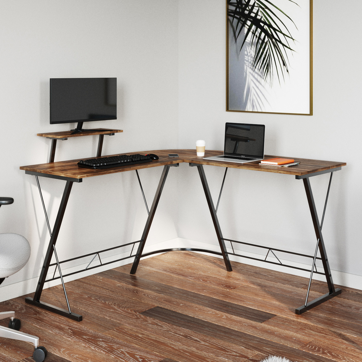 L Shaped Computer Desk With Monitor Stand Modern Industrial Style, Rustic Brown