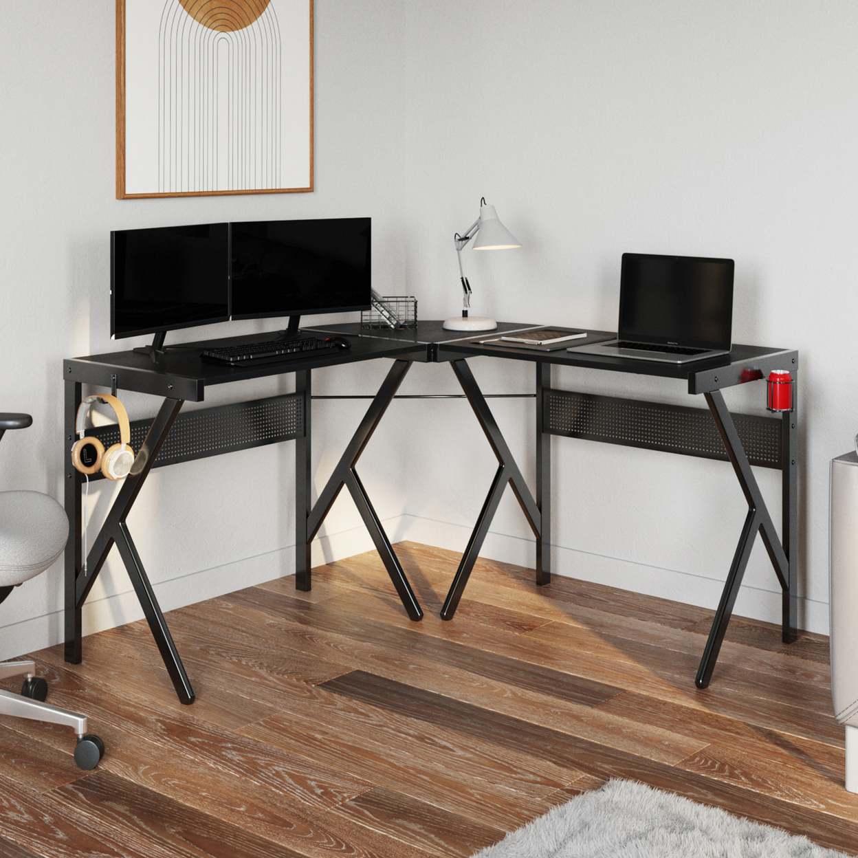 L Shaped Computer Desk With Headphone And Cup Holder Modern Style, Black
