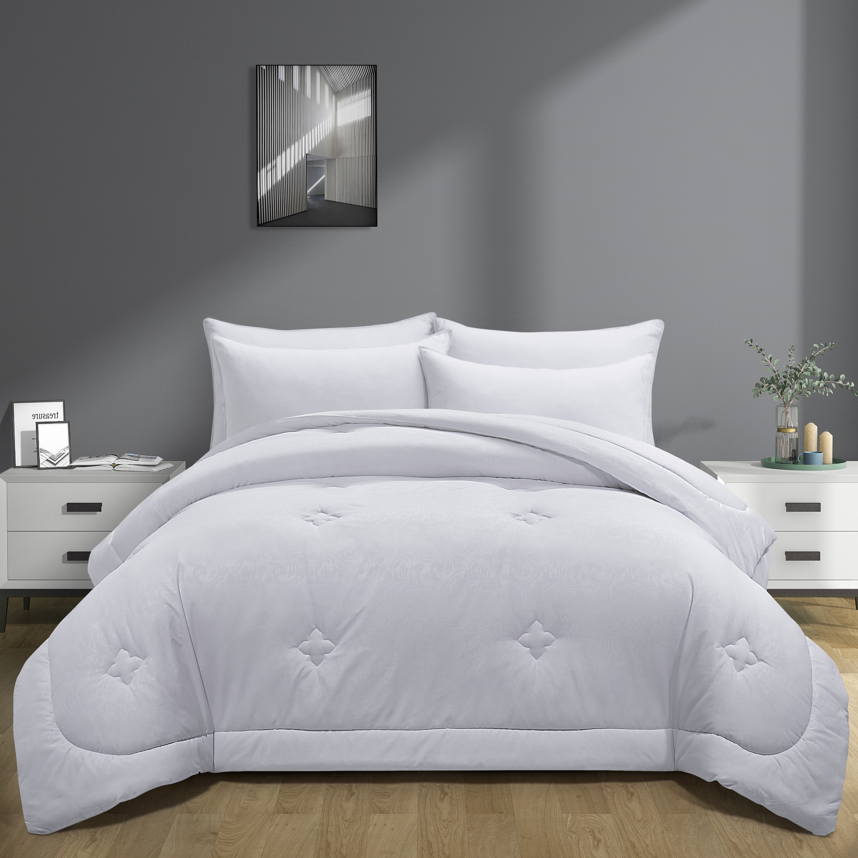 Embossed All Season Down Alternative Comforter- Medium Weight Duvet Insert - White, Full/Queen