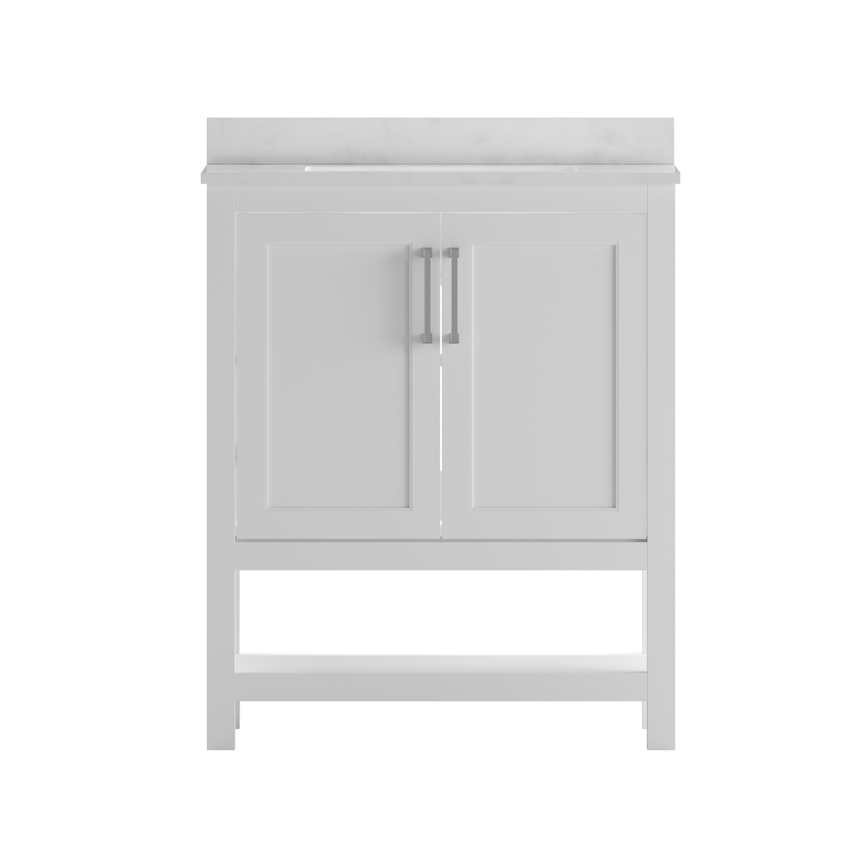 Vega 30 Inch Bathroom Vanity With Sink Combo, Cabinet With Soft Close Doors And Open Shelf, Carrara Marble Finish Countertop, White
