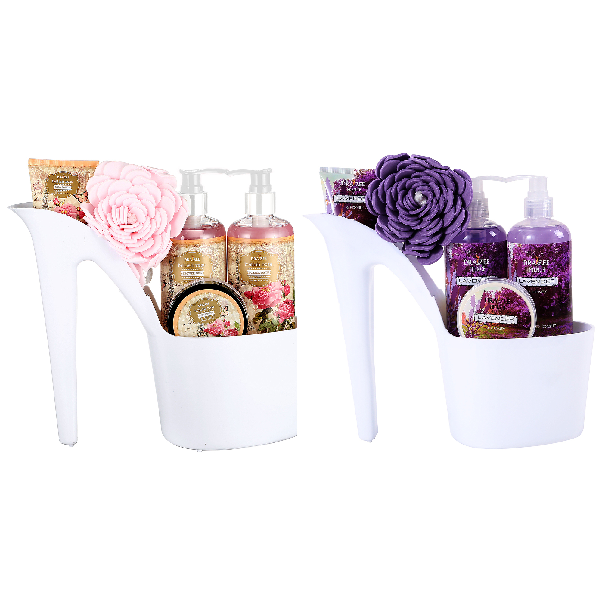 Set Of 2 Draizee 10 Pcs Scented Spa Gift Basket Rose, Lavender With Shower Gel, Bubble Bath, Body Butter & Lotion, Soft Bath Puff