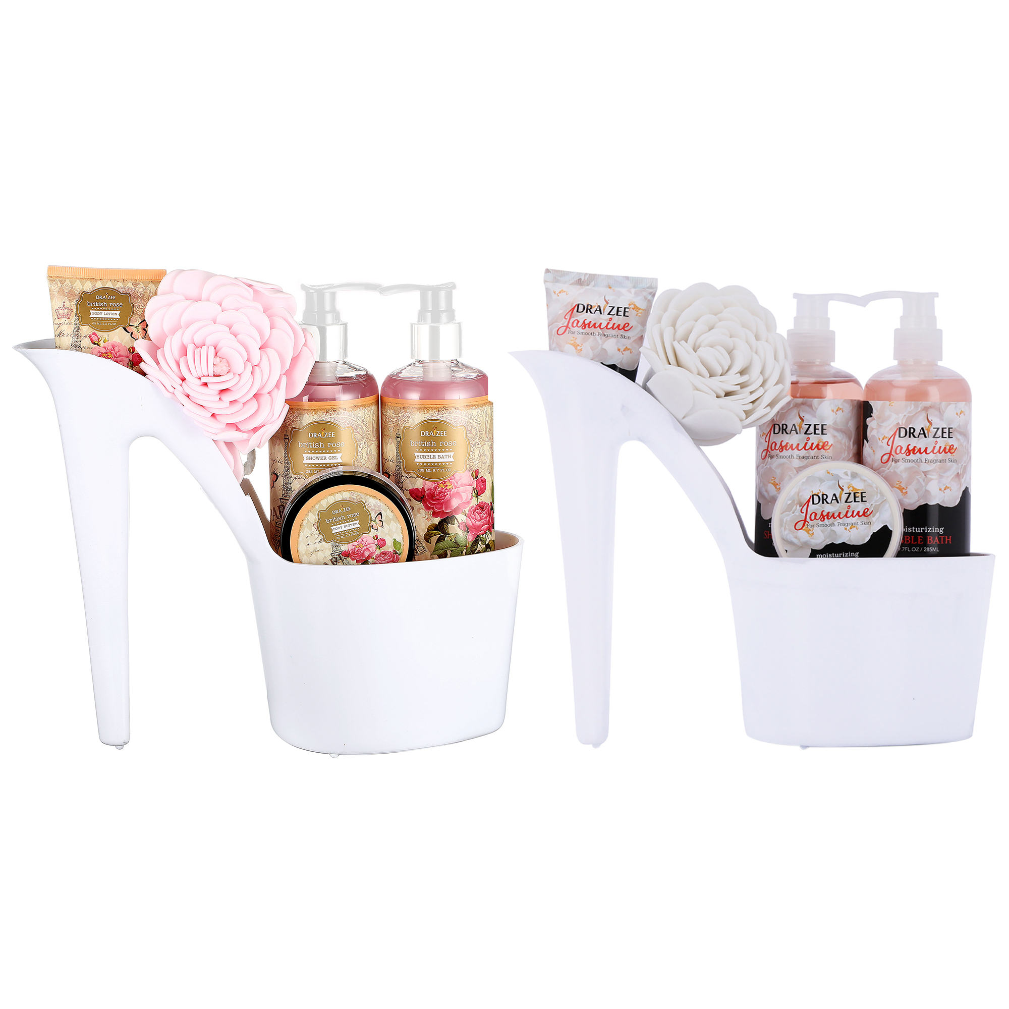 Set Of 2 Draizee 10 Pcs Scented Spa Gift Basket Rose, Jasmine With Shower Gel, Bubble Bath, Body Butter & Lotion, Soft Bath Puff