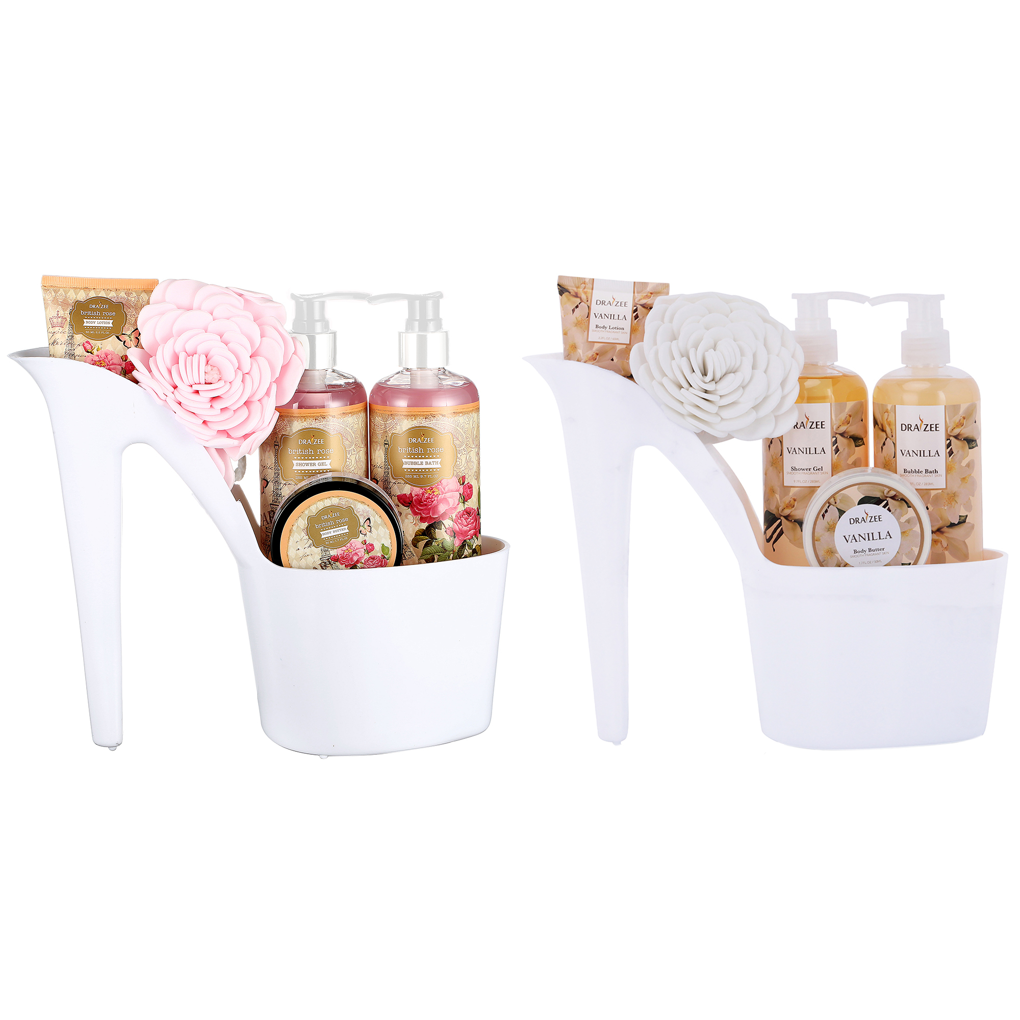 Set Of 2 Draizee 10 Pcs Scented Spa Gift Basket Rose, Vanilla With Shower Gel, Bubble Bath, Body Butter & Lotion, Soft Bath Puff