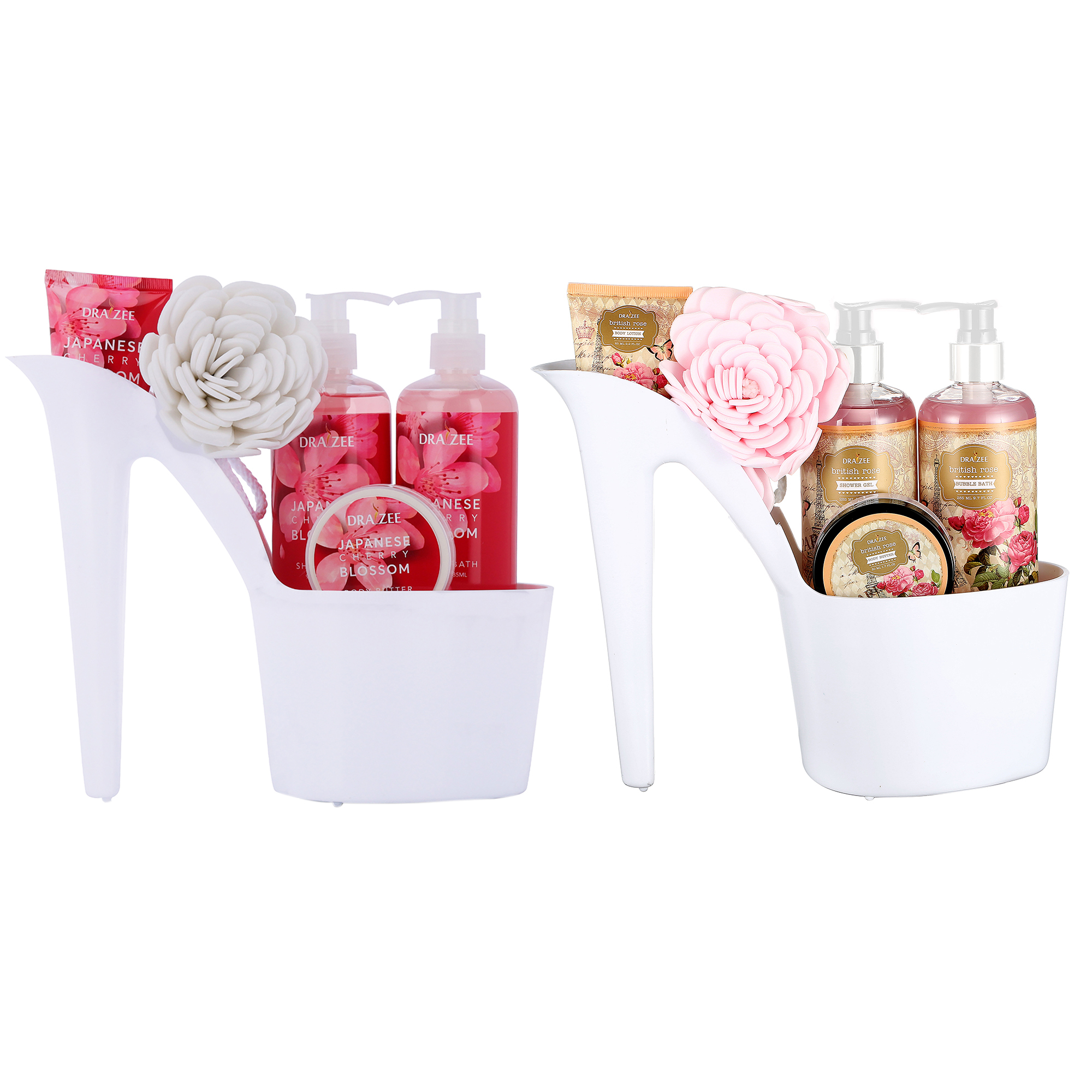 Set Of 2 Draizee 10 Pcs Scented Spa Gift Basket Rose, Cherry With Shower Gel, Bubble Bath, Body Butter & Lotion, Soft Bath Puff