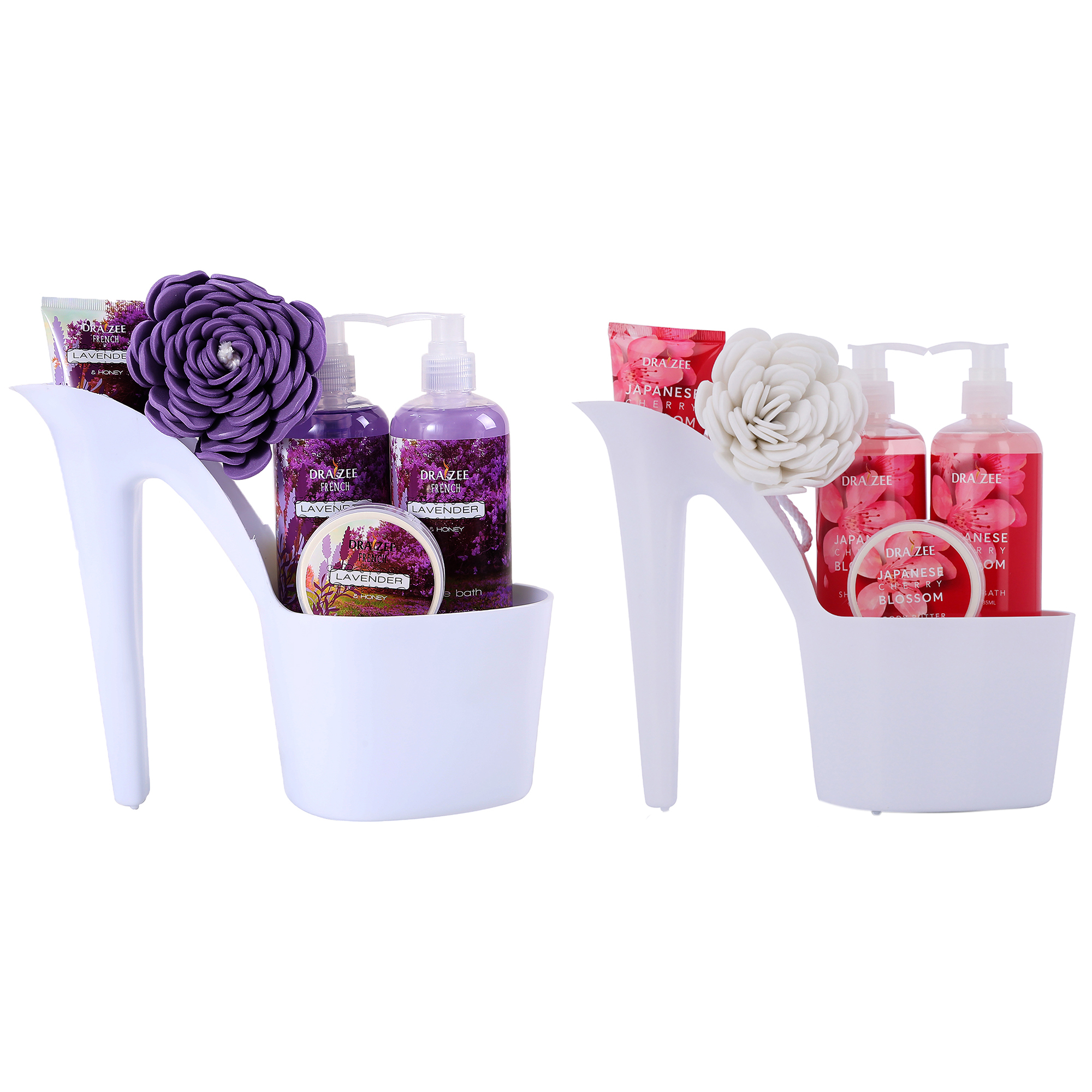 Set Of 2 Draizee 10 Pcs Scented Spa Gift Basket Cherry, Lavender With Shower Gel, Bubble Bath, Body Butter & Lotion, Soft Bath Puff