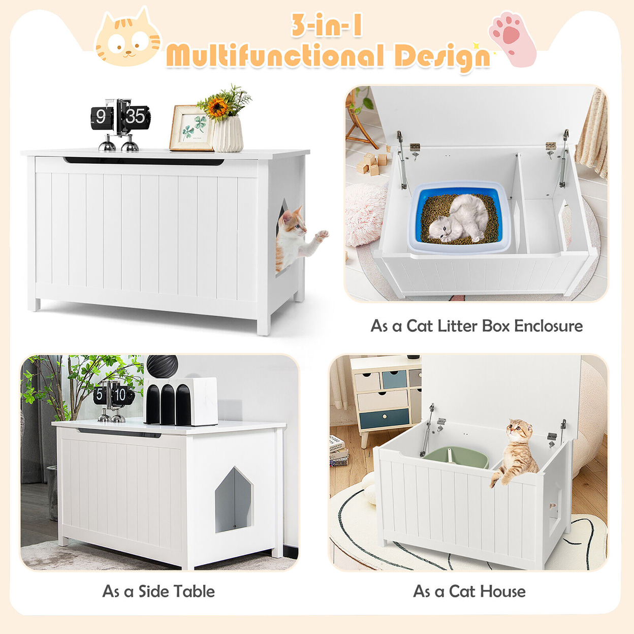 Wooden Enclosure Cat Litter Box W/ Top Opening Side Table Furniture - White