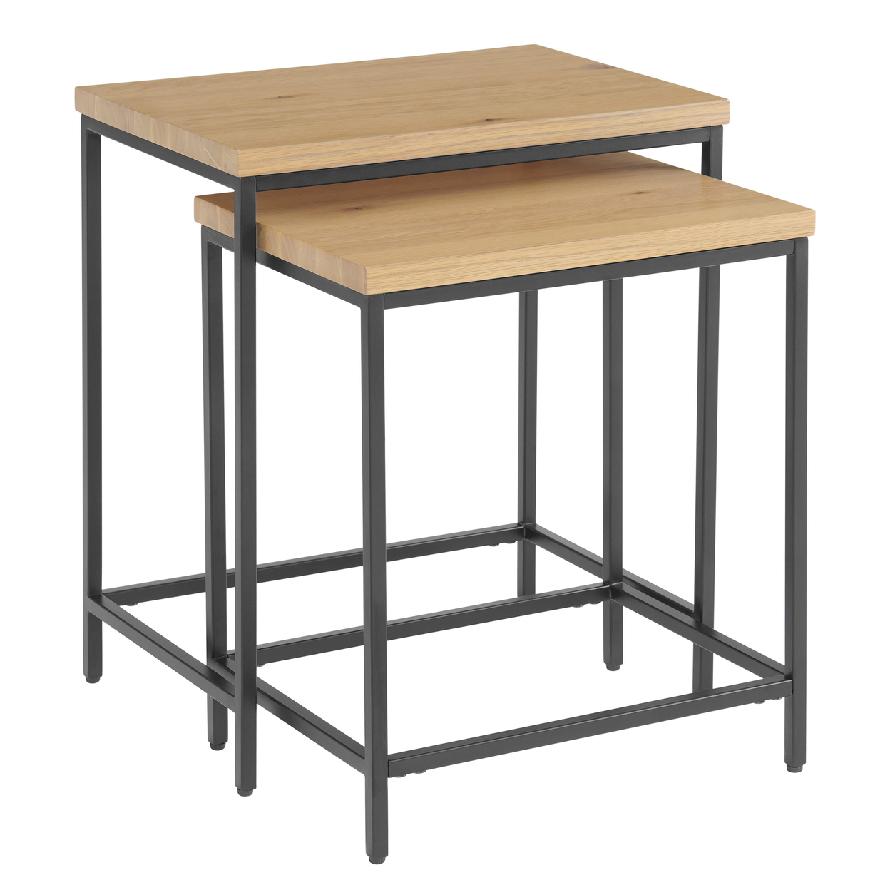 Nesting Tables Set Of 2 Modern Side Tables MDF Wood Tops Metal Bases, Oak