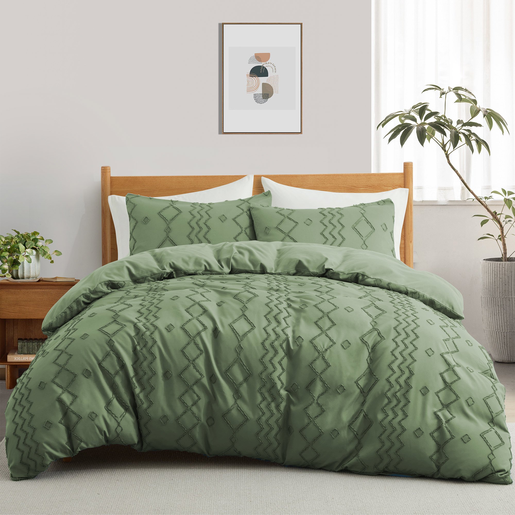 Basic Bedding Sets With All Season Goose Down Feather Comforter, 2 Pack Goose Down Pillows, Duvet Cover Set - Green Bundles Option, King Siz