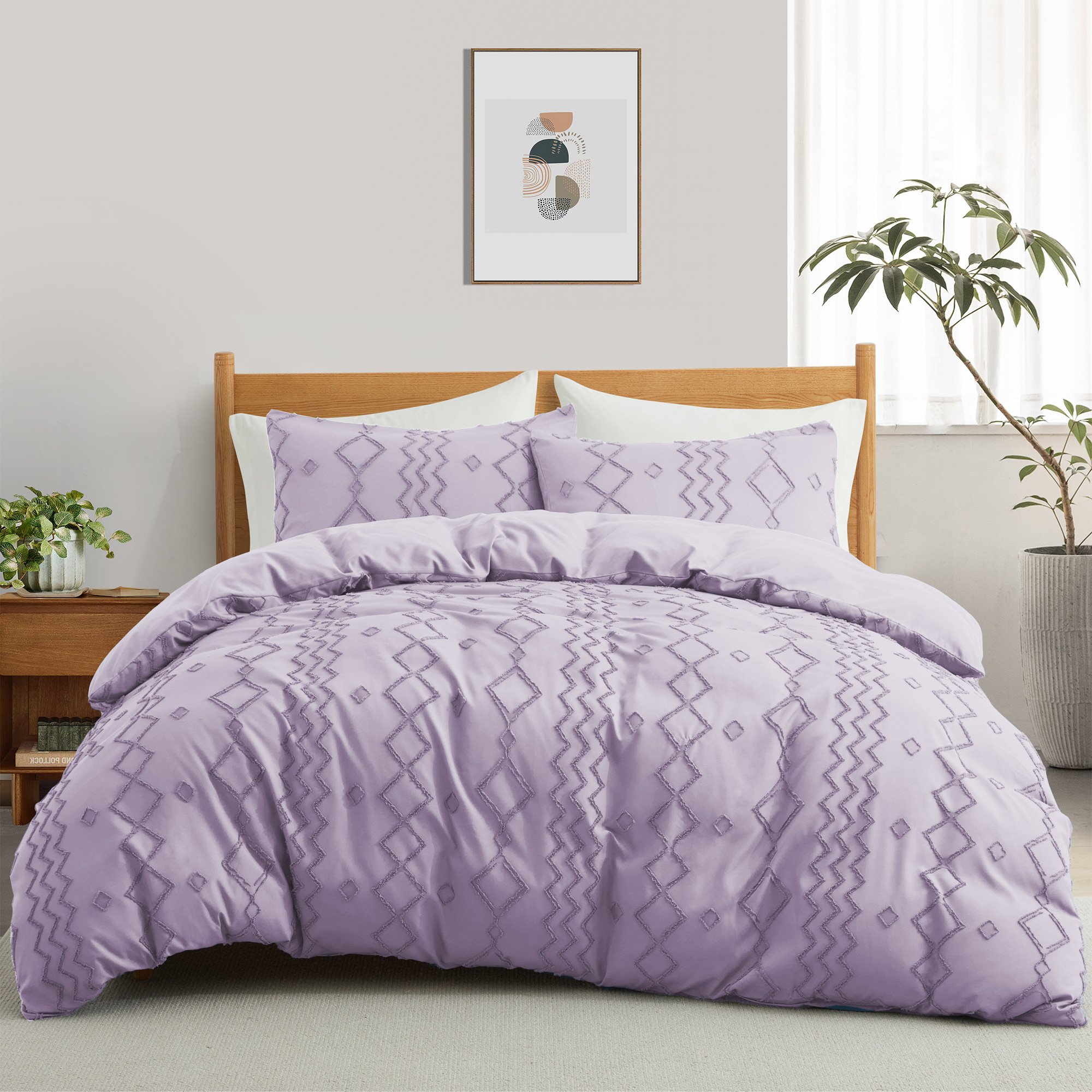 Basic Bedding Sets With All Season Goose Down Feather Comforter, 2 Pack Goose Down Pillows, Duvet Cover Set - Purple Bundles Option, Full/Qu