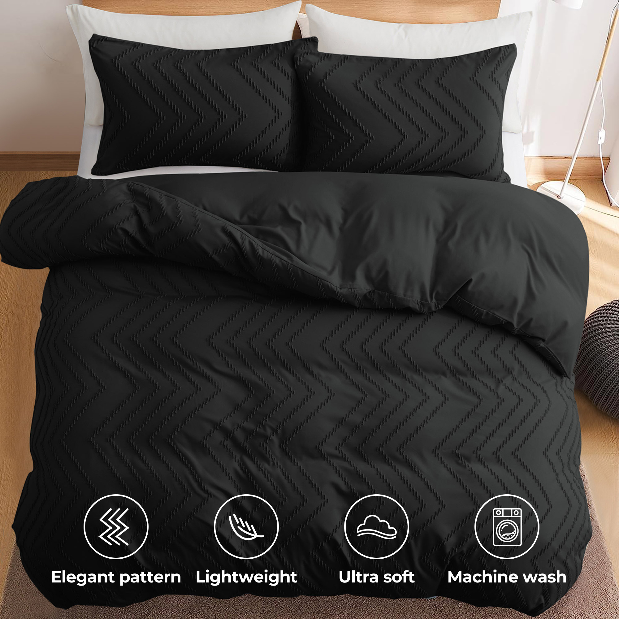 Basic Bedding Sets With All Season Goose Down Feather Comforter, 2 Pack Goose Down Pillows, Duvet Cover Set - Black Bundles Option, King Siz