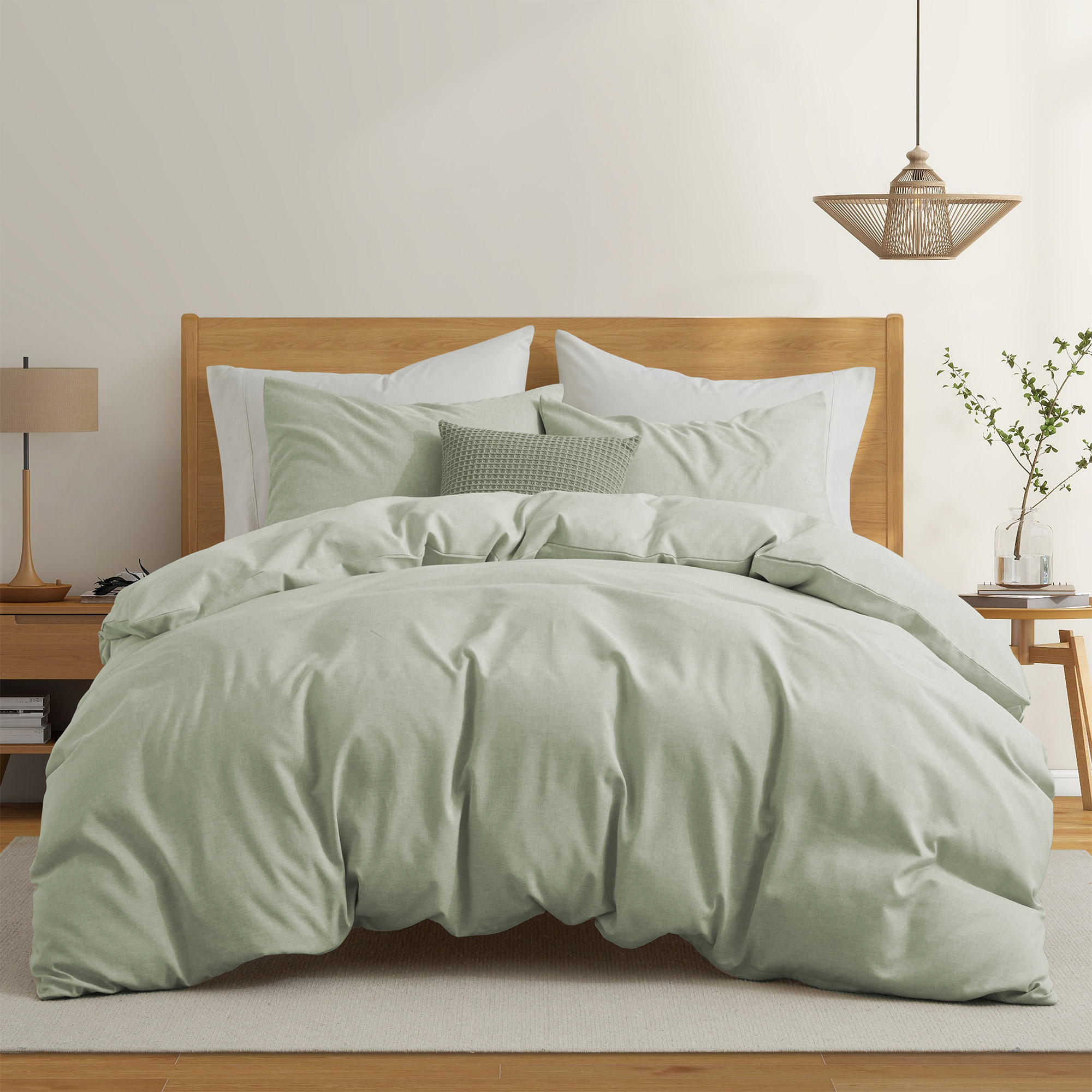 Solid Faux Linen Duvet Cover Set With Shams - Luxurious Comfort - Green, King-90x106