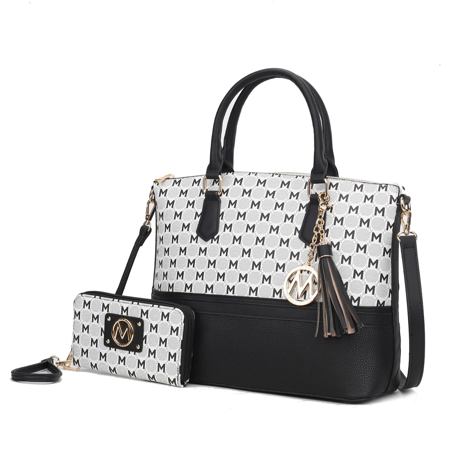 MKF Collection Saylor Circular M Emblem Print Women's Tote Bag With Matching Wristlet Wallet 2 Pieces By Mia K - Charcoal