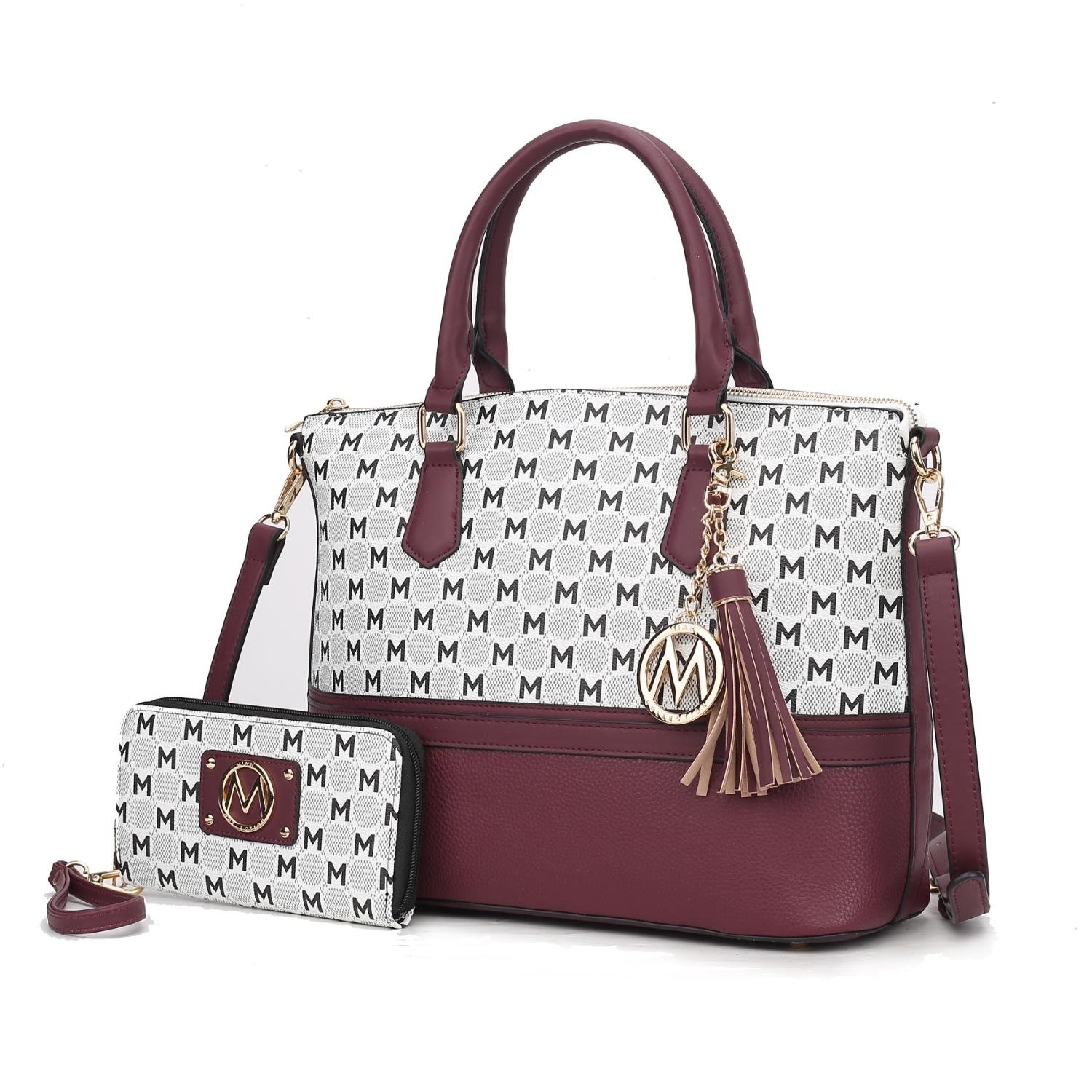 MKF Collection Saylor Circular M Emblem Print Women's Tote Bag With Matching Wristlet Wallet 2 Pieces By Mia K - Burgundy