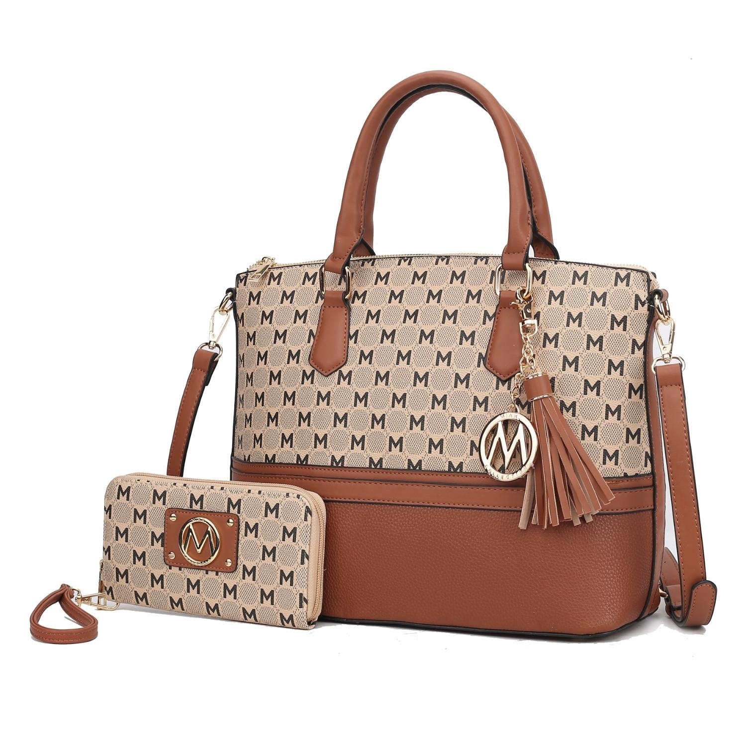 MKF Collection Saylor Circular M Emblem Print Women's Tote Bag With Matching Wristlet Wallet 2 Pieces By Mia K - Cognac