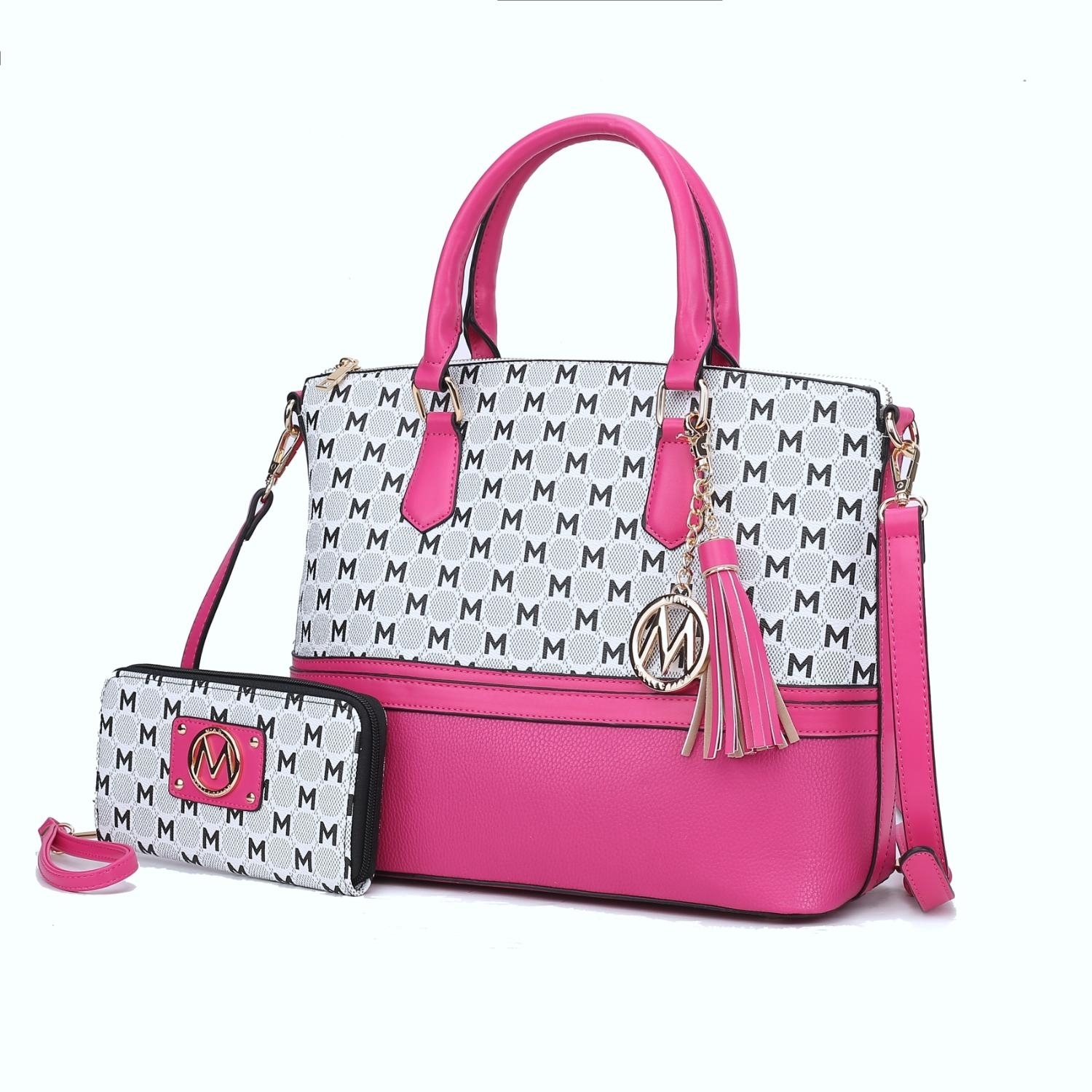 MKF Collection Saylor Circular M Emblem Print Women's Tote Bag With Matching Wristlet Wallet 2 Pieces By Mia K - Fuchsia