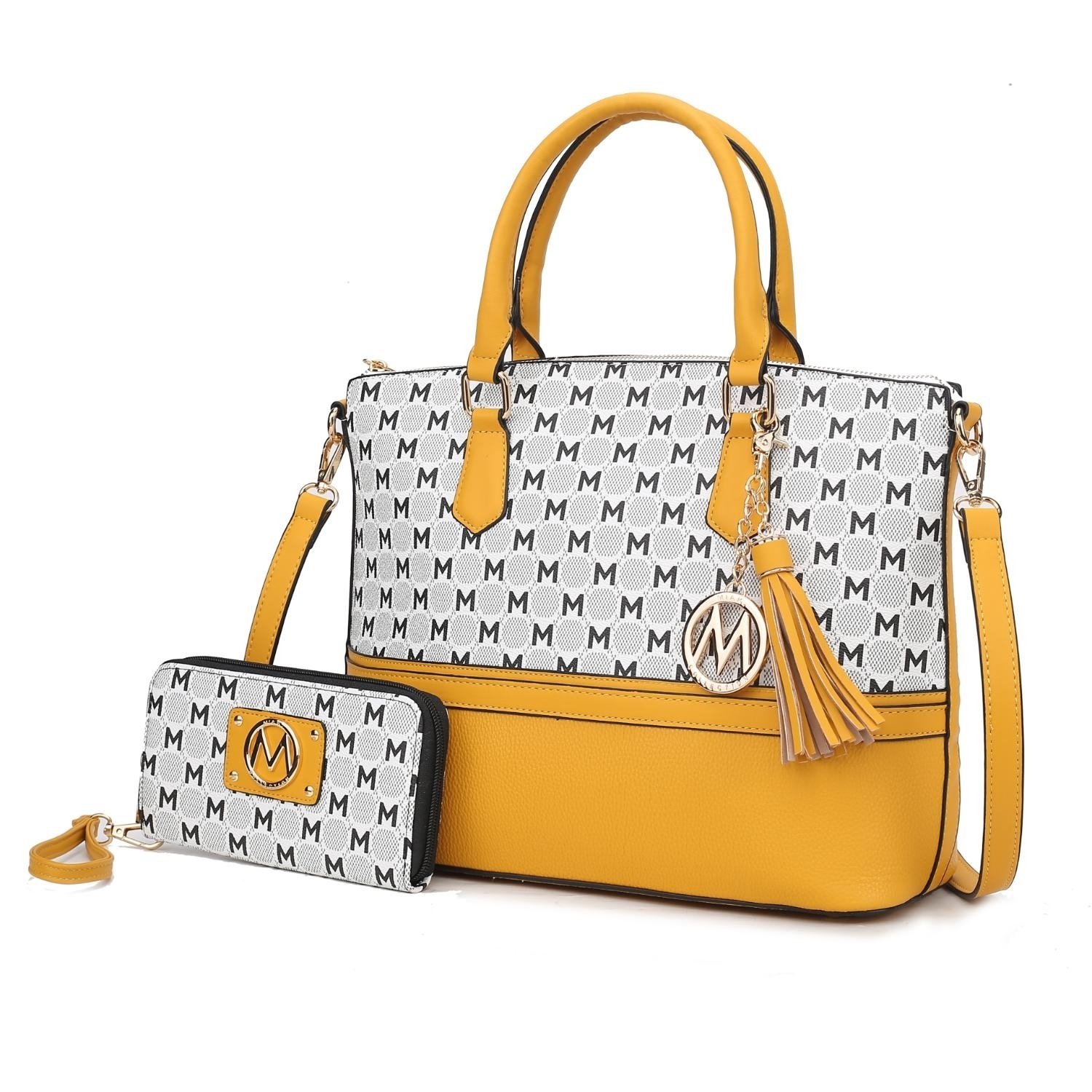 MKF Collection Saylor Circular M Emblem Print Women's Tote Bag With Matching Wristlet Wallet 2 Pieces By Mia K - Mustard