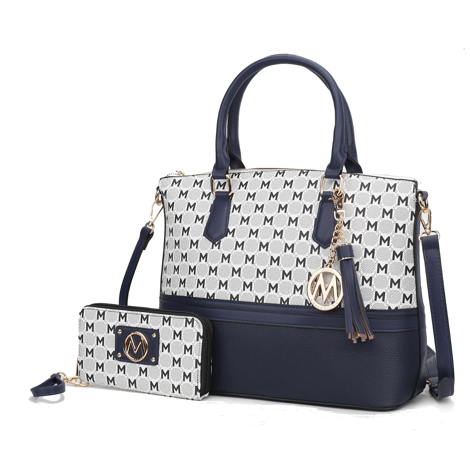 MKF Collection Saylor Circular M Emblem Print Women's Tote Bag With Matching Wristlet Wallet 2 Pieces By Mia K - Navy