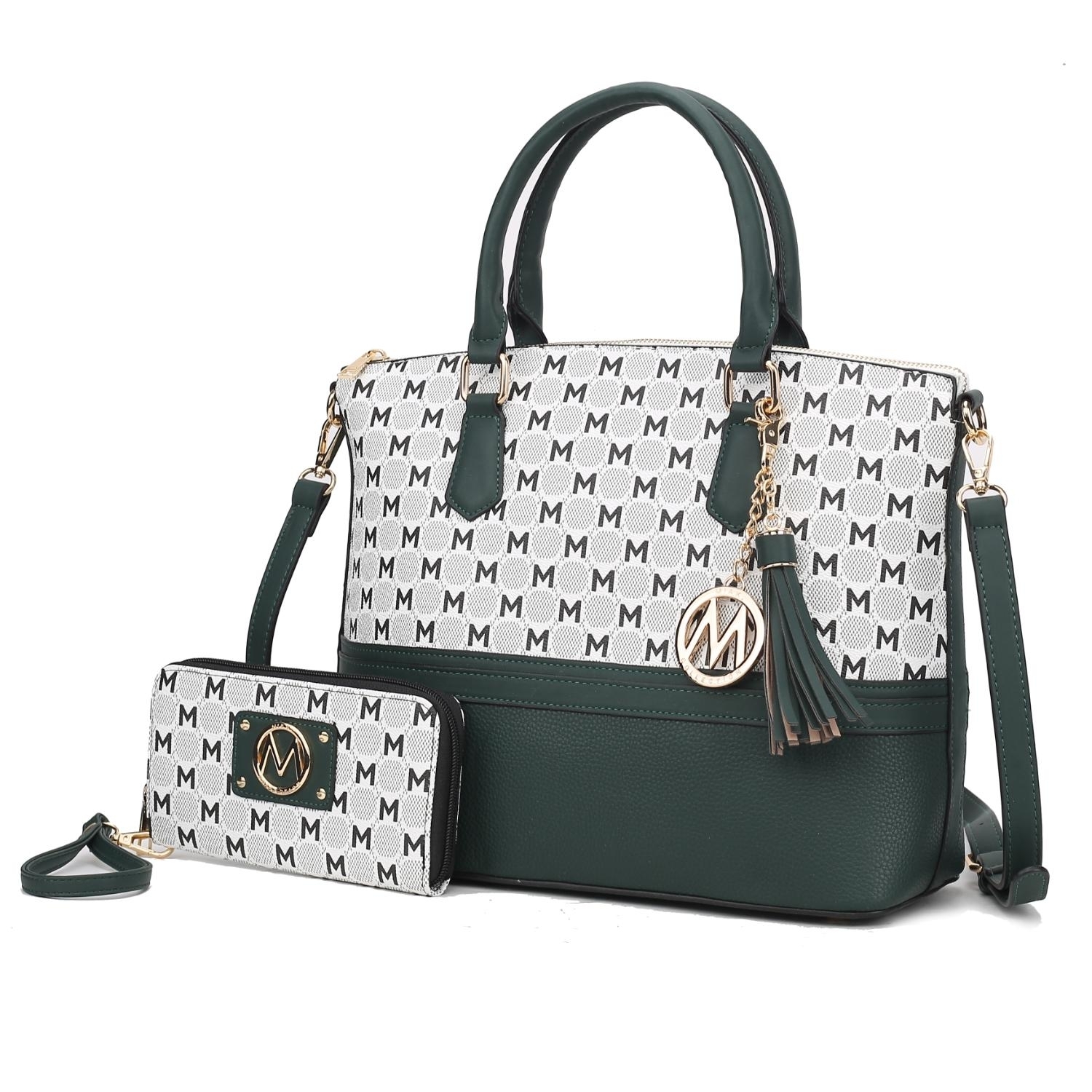 MKF Collection Saylor Circular M Emblem Print Women's Tote Bag With Matching Wristlet Wallet 2 Pieces By Mia K - Olive