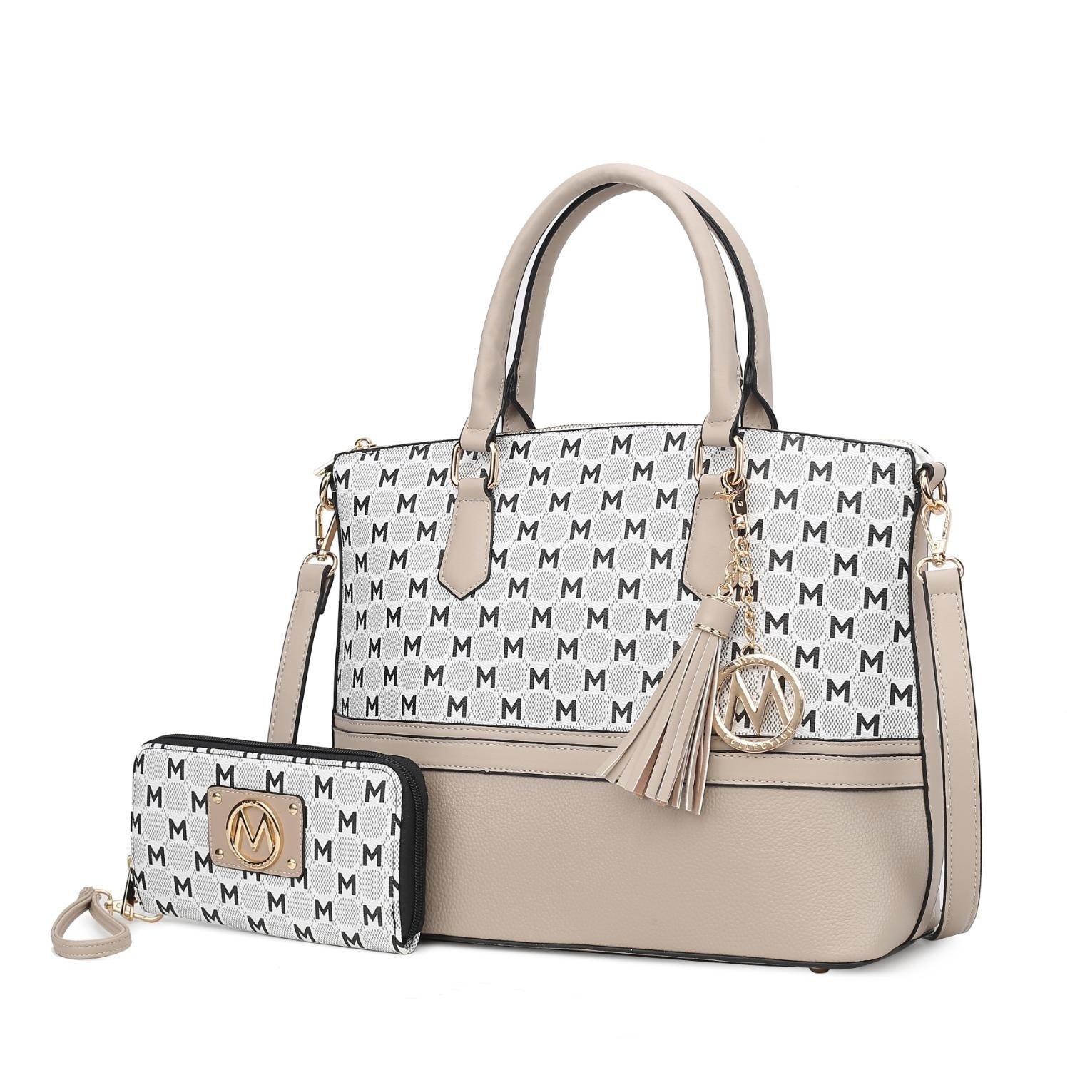 MKF Collection Saylor Circular M Emblem Print Women's Tote Bag With Matching Wristlet Wallet 2 Pieces By Mia K - Taupe