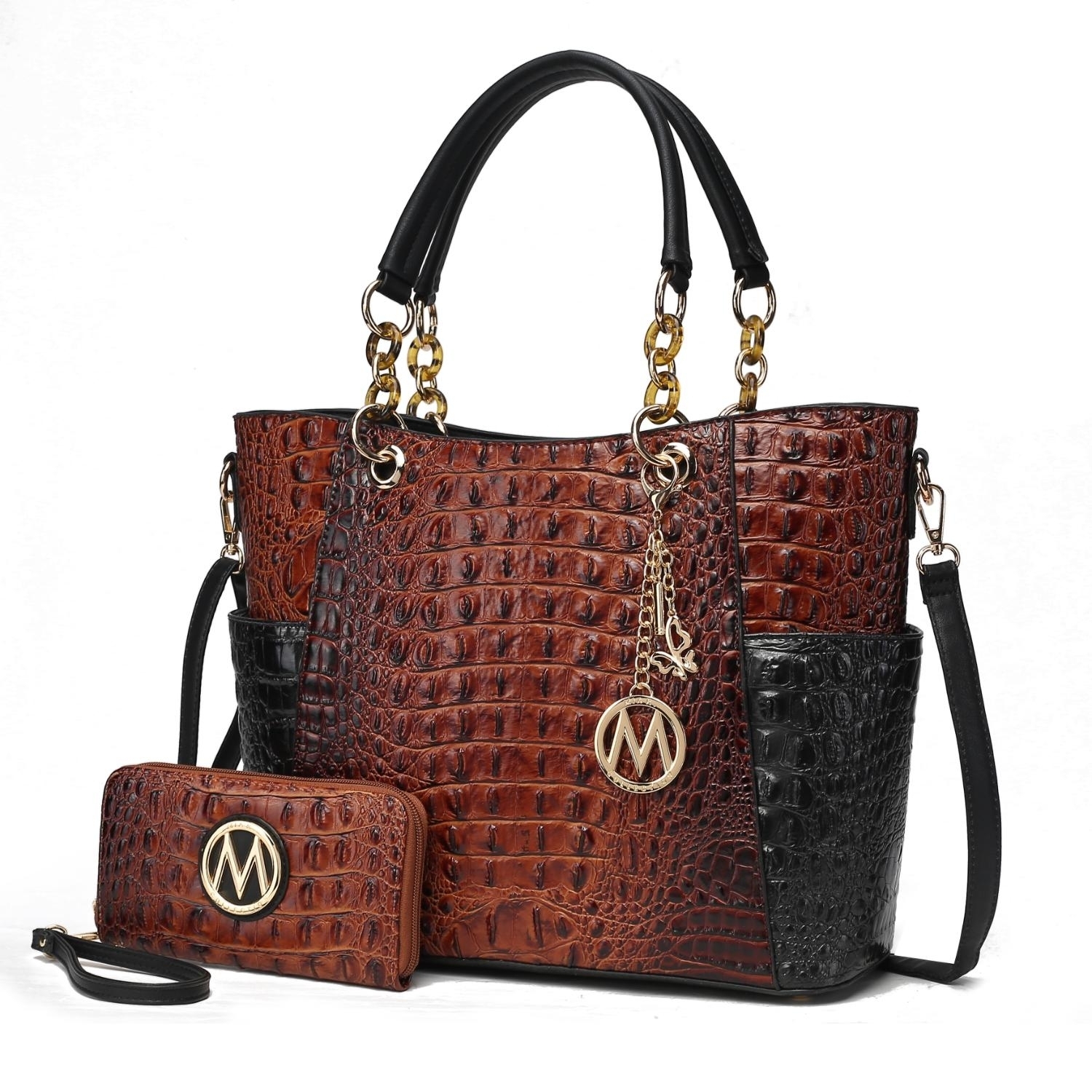 MKF Collection Merlina Faux Crocodile-Embossed Vegan Leather Women's Tote Bag With Matching Wallet By Mia K - Cognac-black
