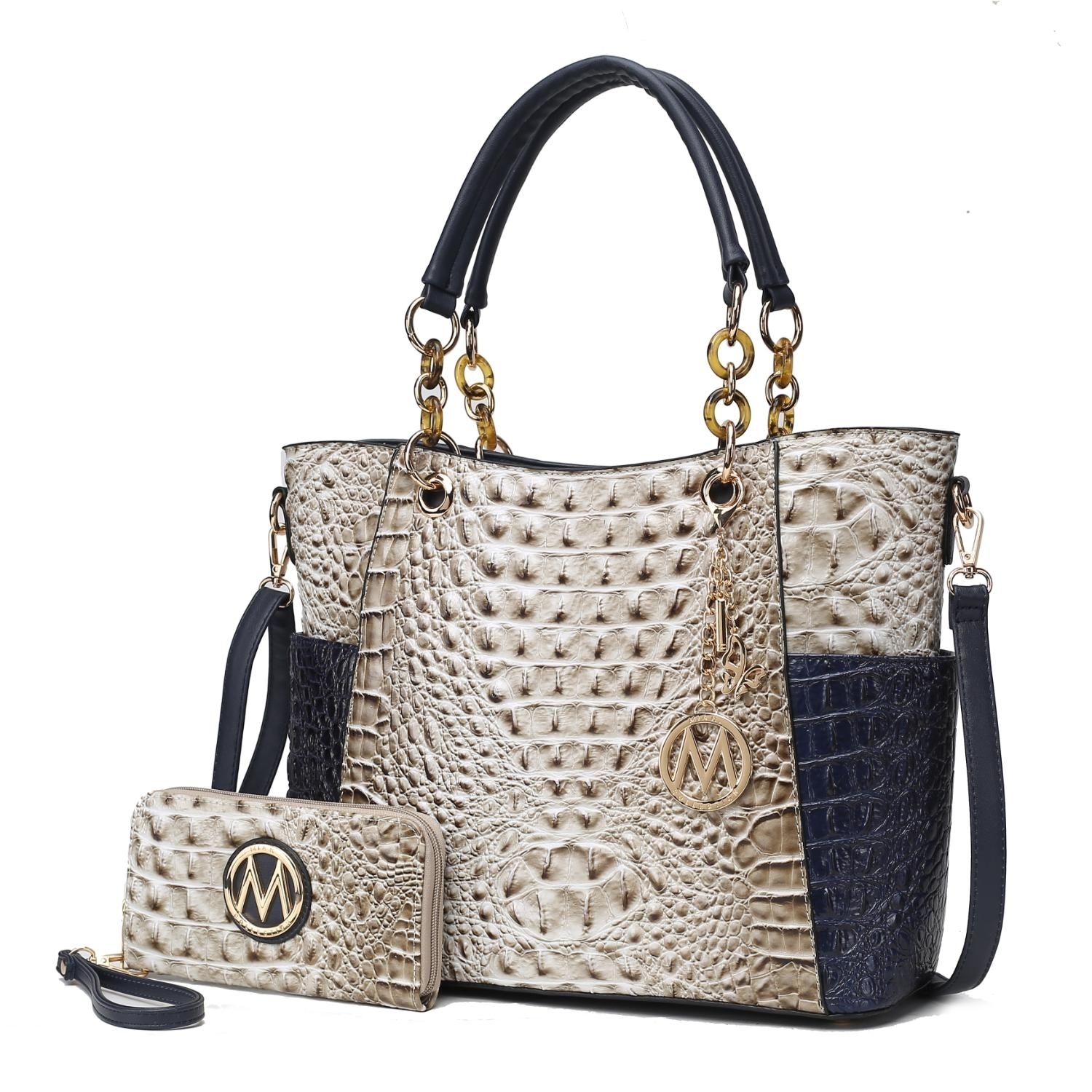 MKF Collection Merlina Faux Crocodile-Embossed Vegan Leather Women's Tote Bag With Matching Wallet By Mia K - Light Grey-navy